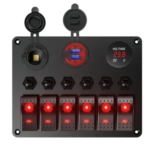 6 Gang Waterproof Marine Boat Rocker Switch Pannel Overload Protector 12-24V 36W Dual QC3.0 USB Car Charger   LED Digital Voltmeter   Cigarette Lighter Socket for Boat, Marine, UTV, Truck, Car (Red)