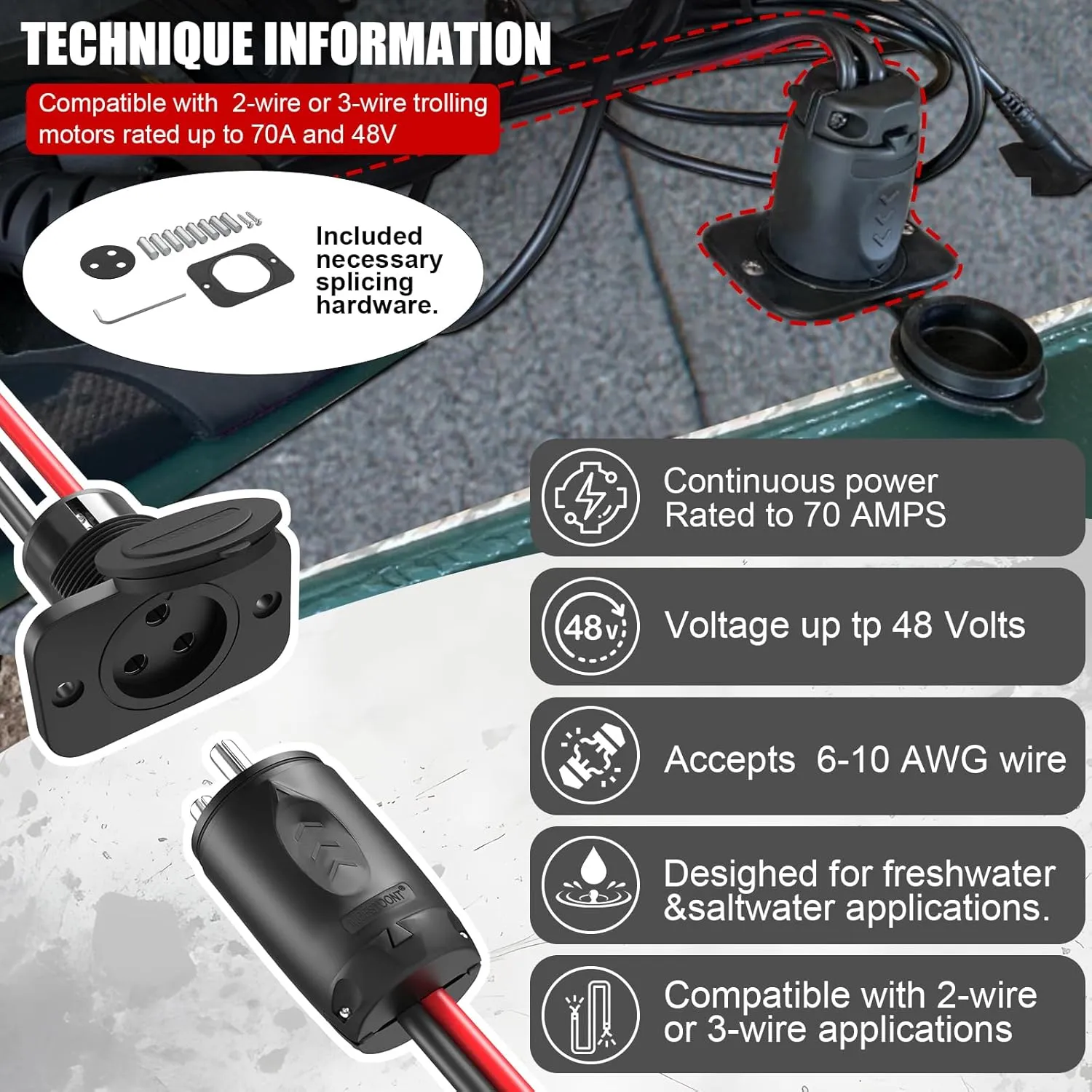 70A Trolling Motor Plug & Receptacle for 2 or 3 Wire 12-48V Systems Compatible with Minn Kota Marine Boat, Watertight Heavy Duty Electrical Power Connector Black