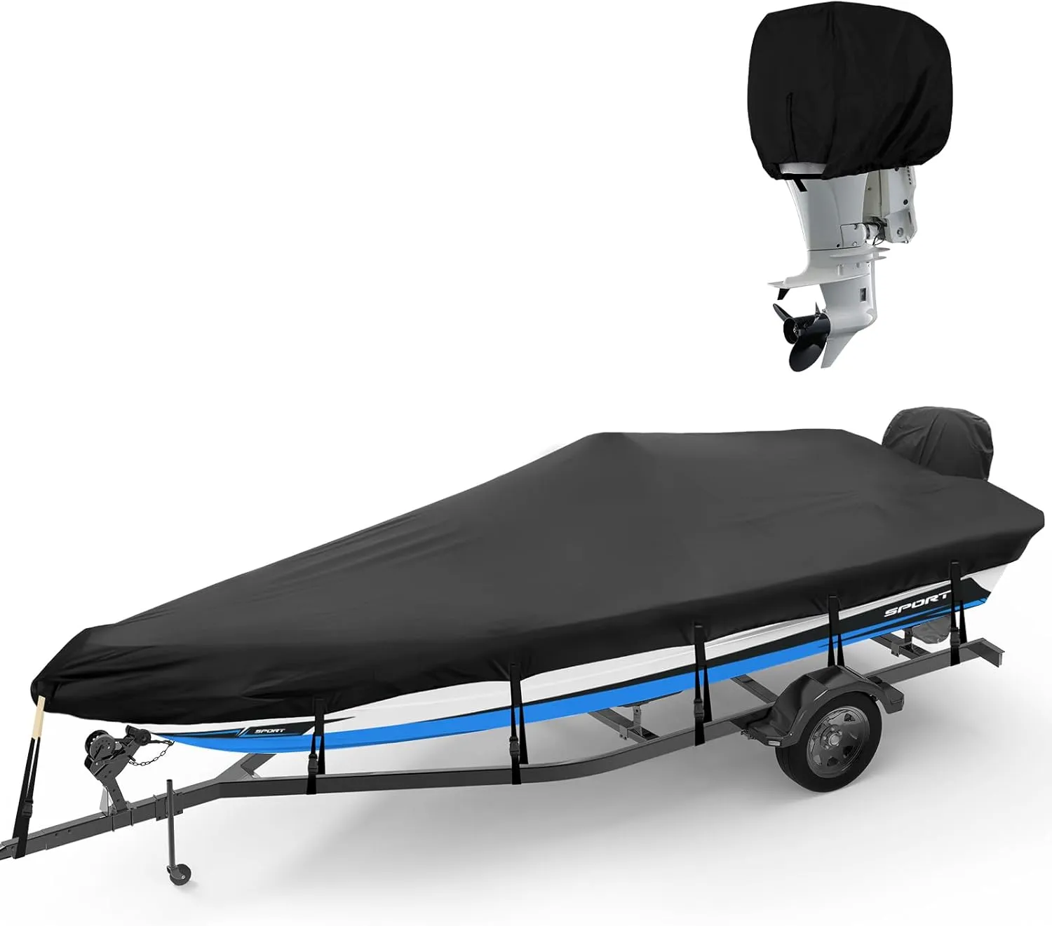 800D Boat Cover, Heavy Duty Waterproof Boat Cover with Motor Cover, Storage Bag, Straps, Fits 20'-22' Boats Bass, V-Hull, Tri-Hull, Fish & Ski, Runabout Bowrider Boats