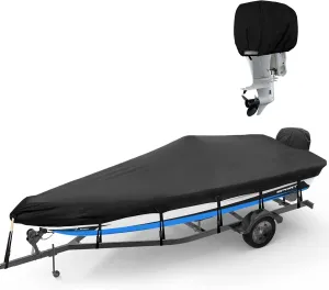 800D Boat Cover, Heavy Duty Waterproof Boat Cover with Motor Cover, Storage Bag, Straps, Fits 20'-22' Boats Bass, V-Hull, Tri-Hull, Fish & Ski, Runabout Bowrider Boats