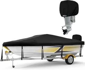 900D Boat Cover 14-16ft with Motor Cover, Heavy Duty Trailerable Boat Covers Waterproof for Bass Boat, V-Hull Tri-Hull Boats and Runabout, Marine Grade Canvas UV Resistant Windproof