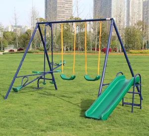 A-Frame Metal Swing Set for Backyard Outdoor Heavy Duty 4 in 1 Multifunction Playset for Toddlers Kids with 2 Adjustable Swing, 1 Glider, 1 Slide and 1 Teeter-Totter