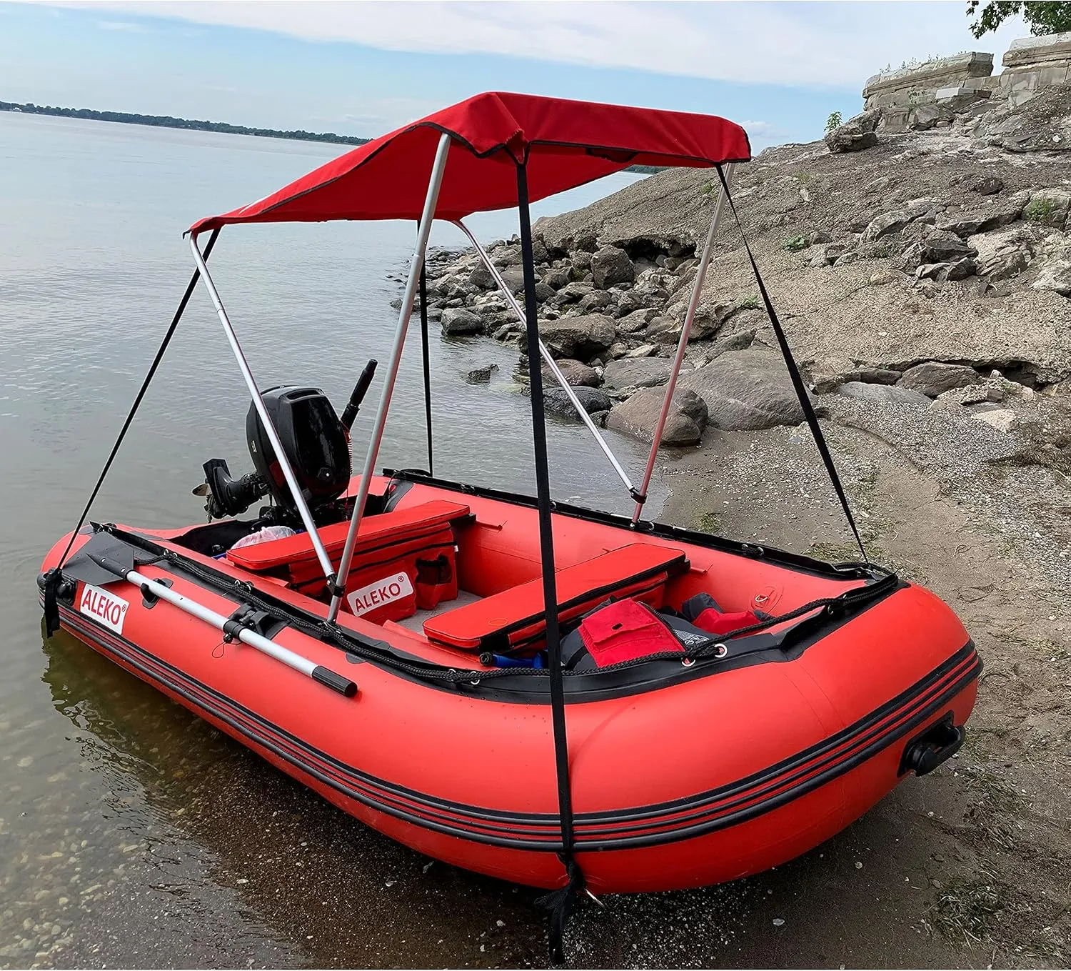 ALEKO Boat Bimini Top Canopy Tent Summer Sun Shelter Sunshade | for 10.5 ft Long Inflatable Boats | 4.4 x 3.4 Feet | Color Red | BSTENT320R
