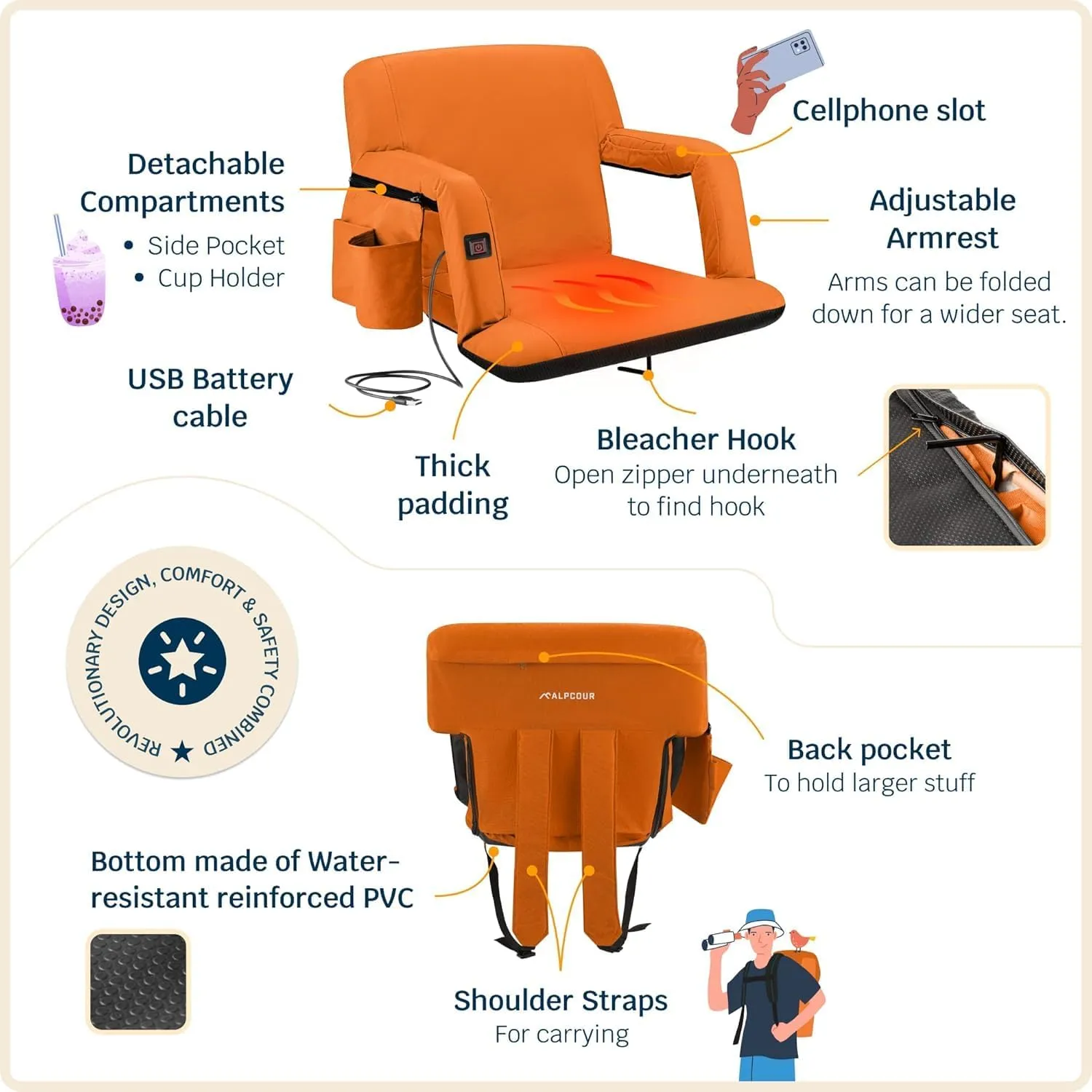 Alpcour Heated Reclining Stadium Seat for Bleachers – Wide Bleacher Chair with Back Support and Cushion, Armrests, Side Pockets, & Hook – Stadium Seats Chairs for Camping, Kayak, Paddle Board & More