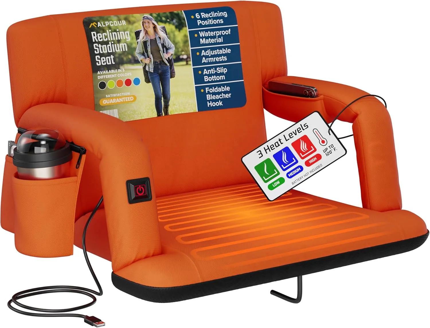 Alpcour Heated Reclining Stadium Seat for Bleachers – Wide Bleacher Chair with Back Support and Cushion, Armrests, Side Pockets, & Hook – Stadium Seats Chairs for Camping, Kayak, Paddle Board & More