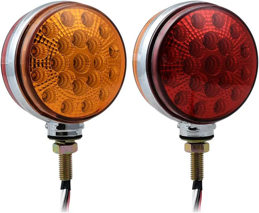 Astra Depot 2pcs Round 42-LED Red Amber Double Face Waterproof Stop Tail Side Marker Turn Signal Pedestal Fender Lights Compatible with Peterbilt Kenworth Freightliner Volvo Truck Trailer