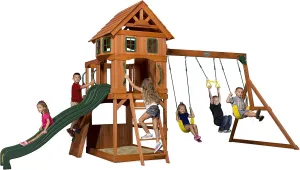 Backyard Discovery Atlantis Cedar Wood Swing Set with Wave Slide, Raised Clubhouse, Rock Wall, Belt Swings, Trapeze, Balcony, Lower Play Space, Snack Bar, Sandbox Area, Step Ladder, Outdoor Playset