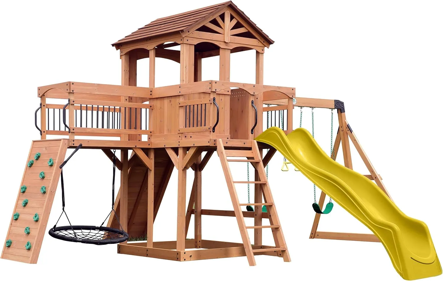 Backyard Discovery Sterling Point Cedar Wood Swing Set with Wave Slide, Raised Clubhouse, Wooden Bridge, Rock Wall, Belt Swings, Web Swing, Trapeze, Balcony, Climbing Wall, Ladder, Outdoor Playset