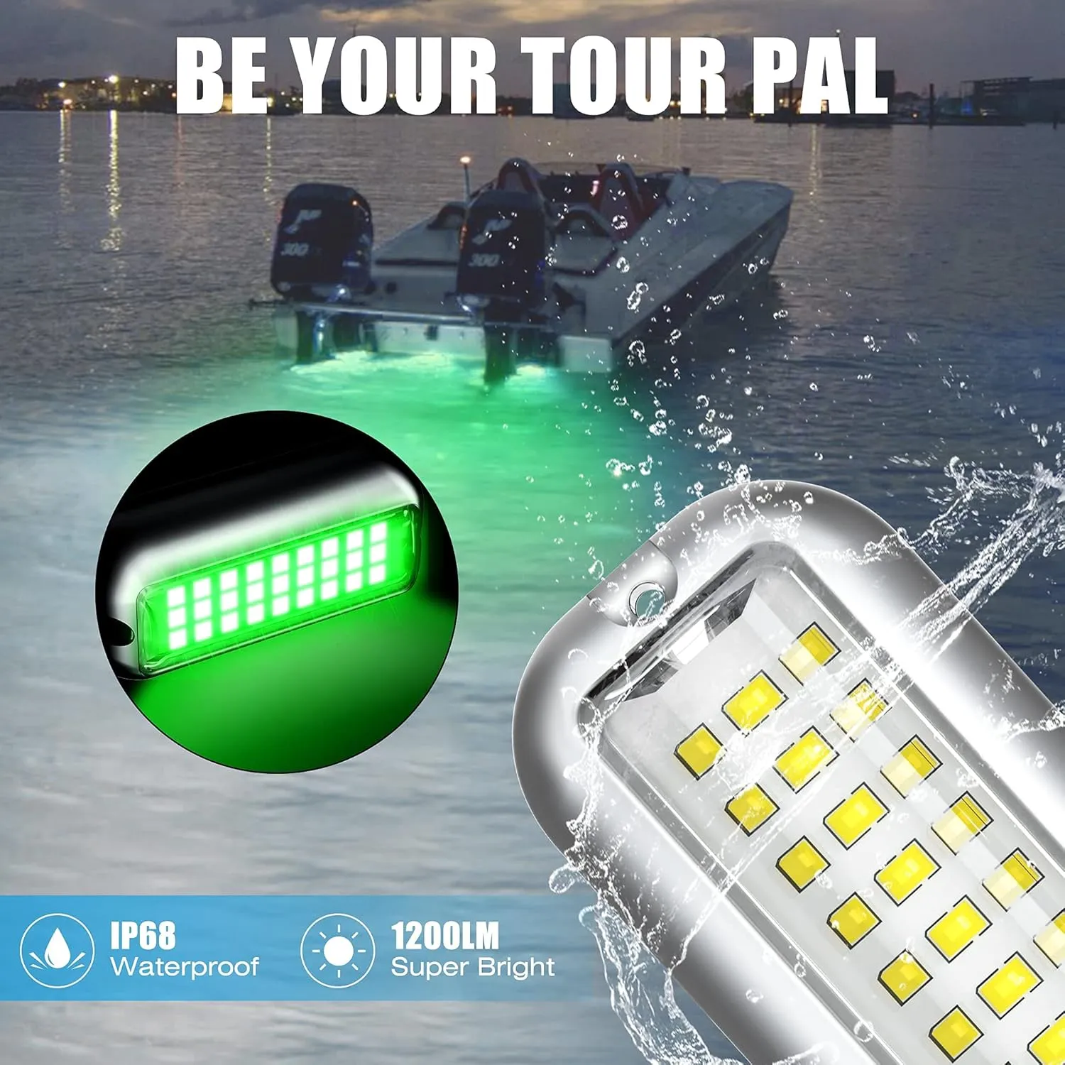 BASIKER BS1 Marine LED Boat Light (2x1200LM 27LED), 10-36V, 316 Stainless Steel, IP68, Air or Underwater, Surface Mount Designed for Cruise Ships, Yachts, Boats, Sailboat, Pontoon, Transom (Green)