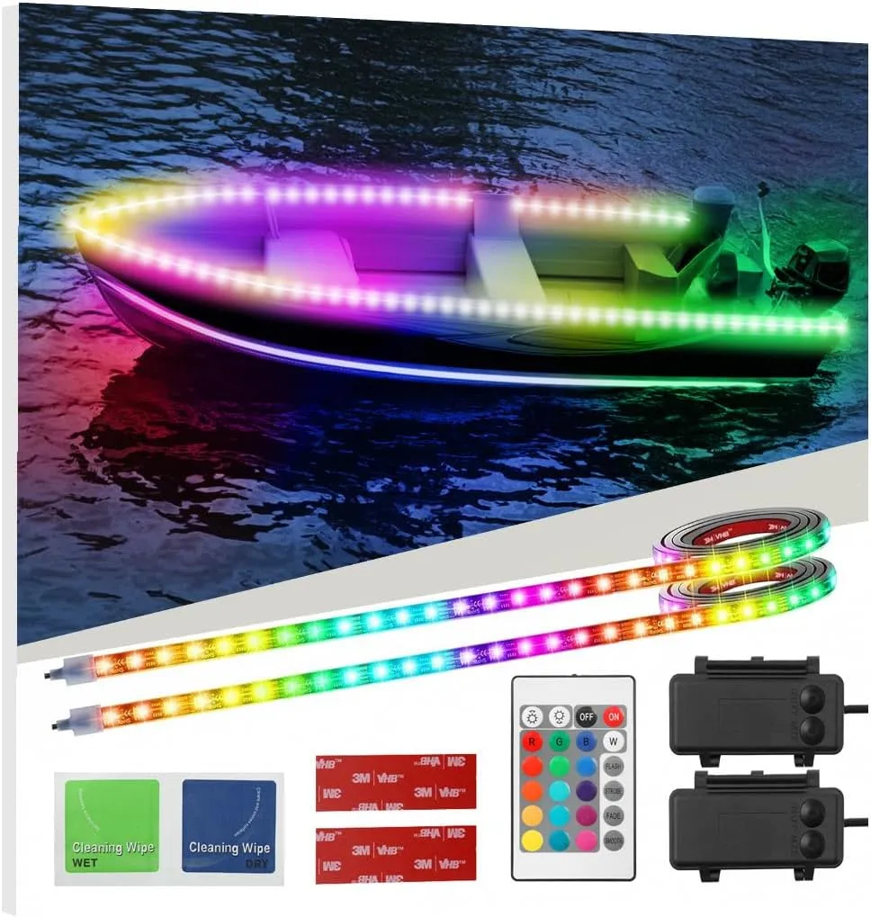 Battery Operated Marine Submersible Boat Lights Strip, 2 Pcs 8FT 9V IP68 RGB Kayak Paddleboard Lights, Boat Interior Deck Courtesy Light for Fishing Golf Cart, Bathroom Shower Bathtub Spa Vanity Light