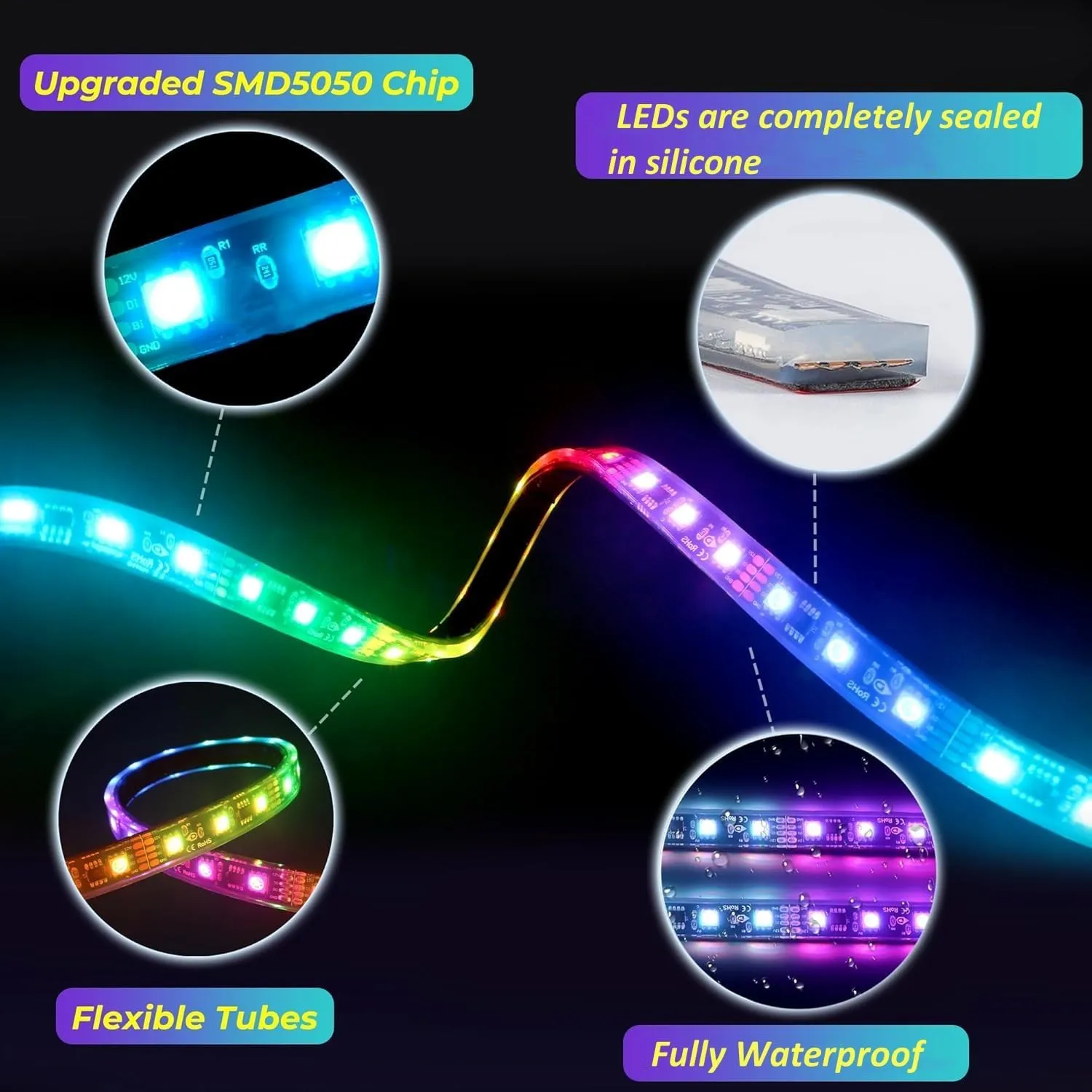 Battery Operated Marine Submersible Boat Lights Strip, 2 Pcs 8FT 9V IP68 RGB Kayak Paddleboard Lights, Boat Interior Deck Courtesy Light for Fishing Golf Cart, Bathroom Shower Bathtub Spa Vanity Light