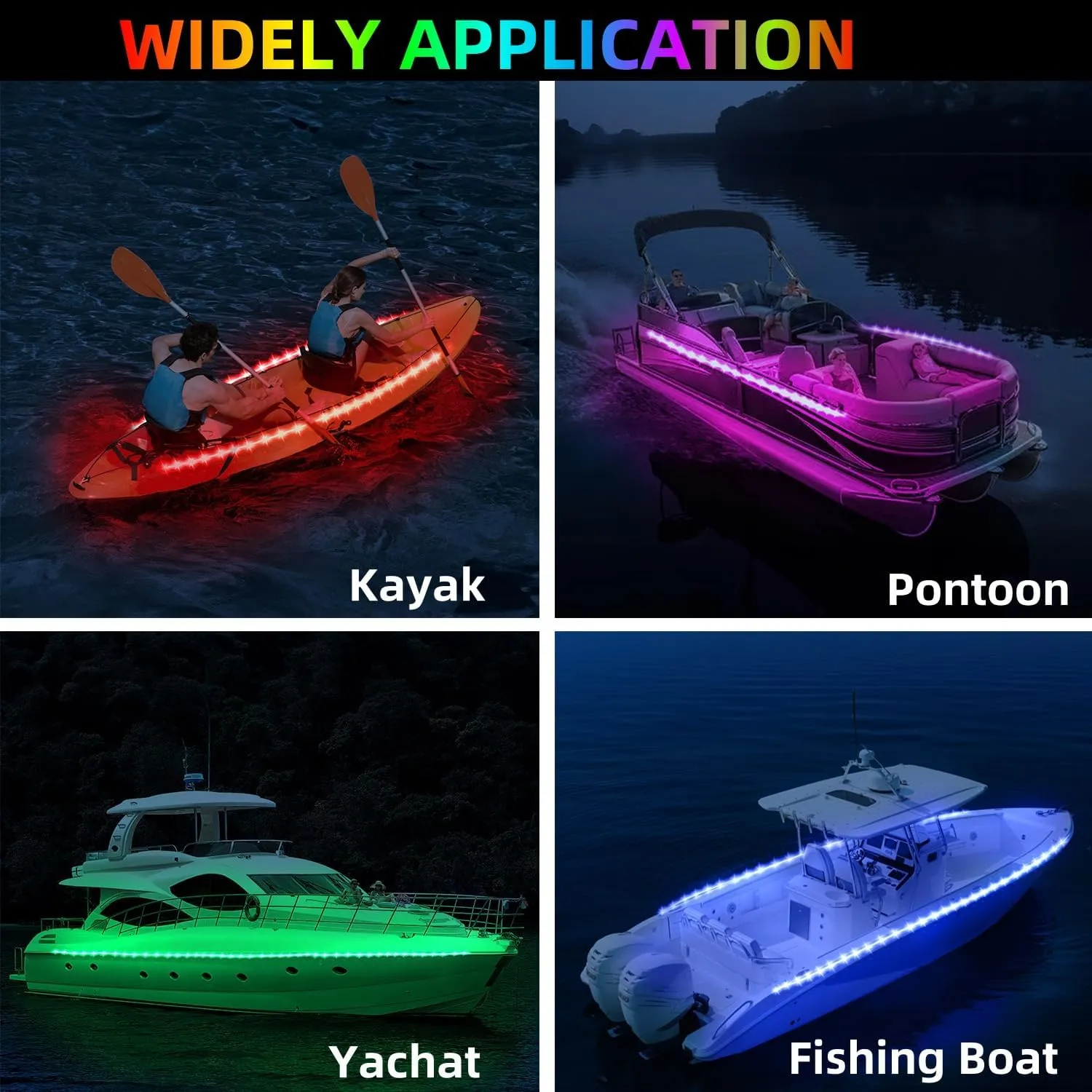 Battery Operated Marine Submersible Boat Lights Strip, 2 Pcs 8FT 9V IP68 RGB Kayak Paddleboard Lights, Boat Interior Deck Courtesy Light for Fishing Golf Cart, Bathroom Shower Bathtub Spa Vanity Light