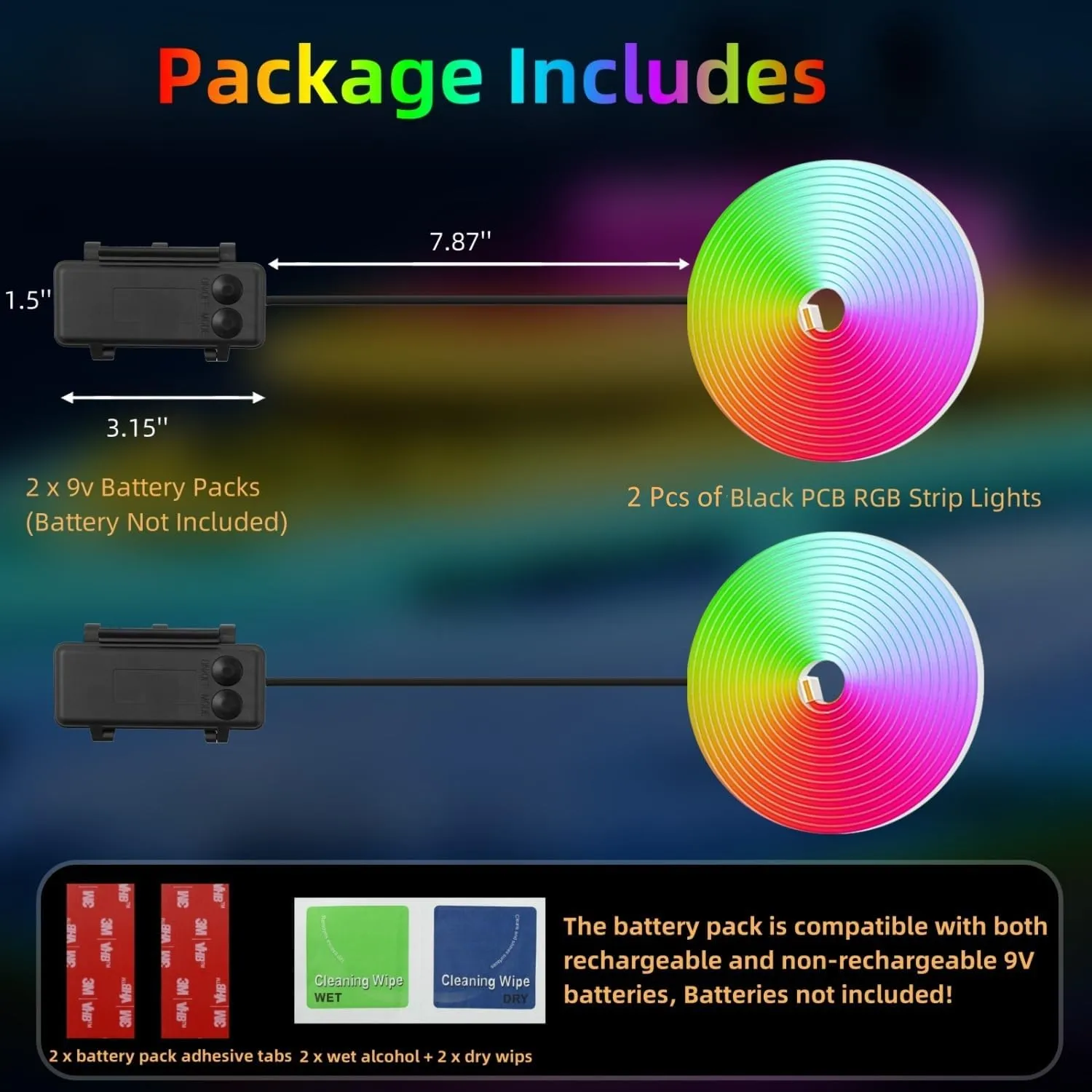 Battery Operated Marine Submersible Boat Lights Strip, 2 Pcs 8FT 9V IP68 RGB Kayak Paddleboard Lights, Boat Interior Deck Courtesy Light for Fishing Golf Cart, Bathroom Shower Bathtub Spa Vanity Light