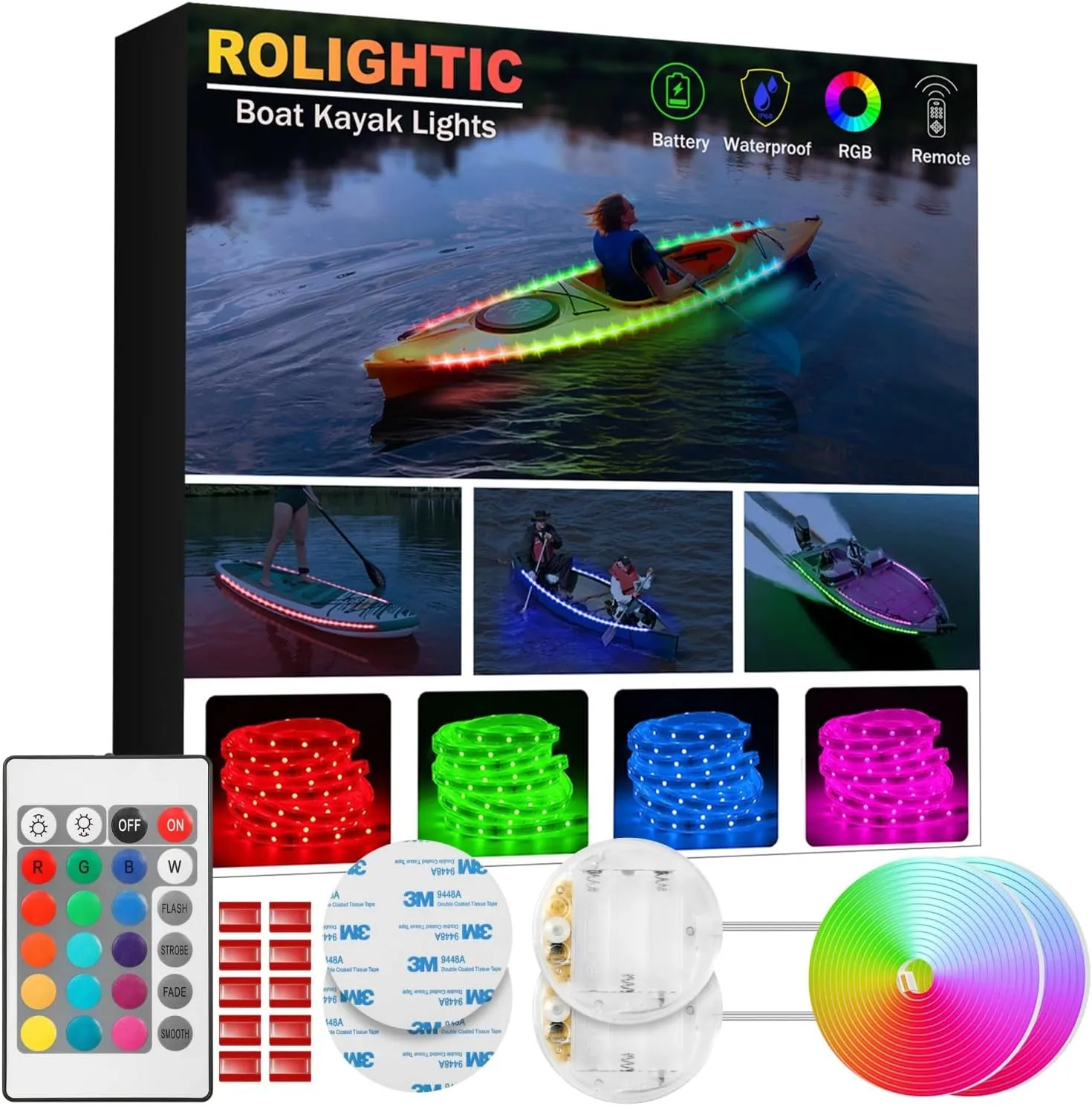 Battery Powered Led Kayak Lights, RGB Color Changing Paddleboard SUP Canoes Lights, IP68 Waterproof Marine Submersible Boat Light Strip with Remote, Marine Boat Interior Light, 2 Pack