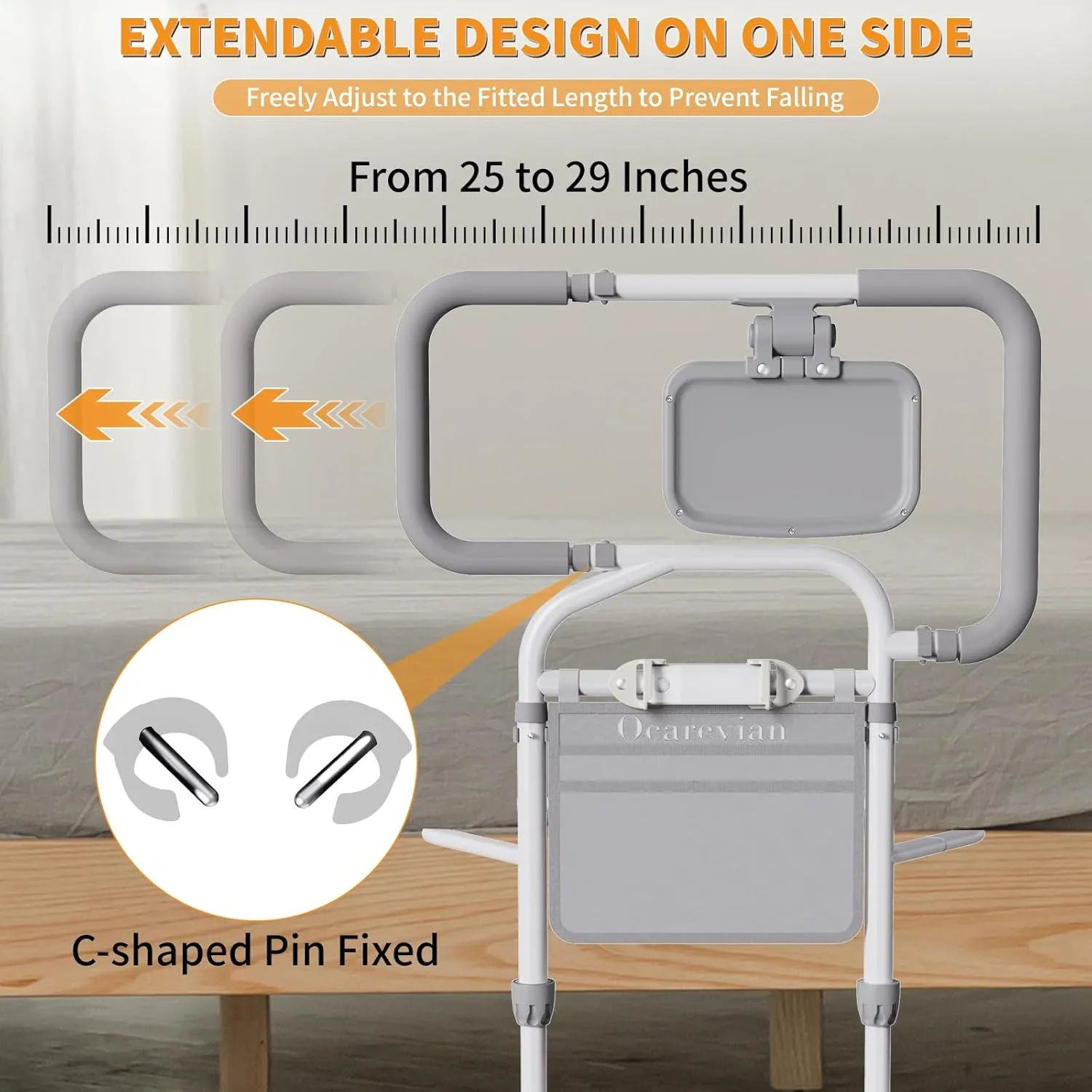 Bed Rails for Elderly Adults Safety, Adjustable Bed Cane for Seniors, Extendable Assist Handle with Side Table, LED Light & Carry Bag, Fits Queen, King, Twin Mattresses (Grey)