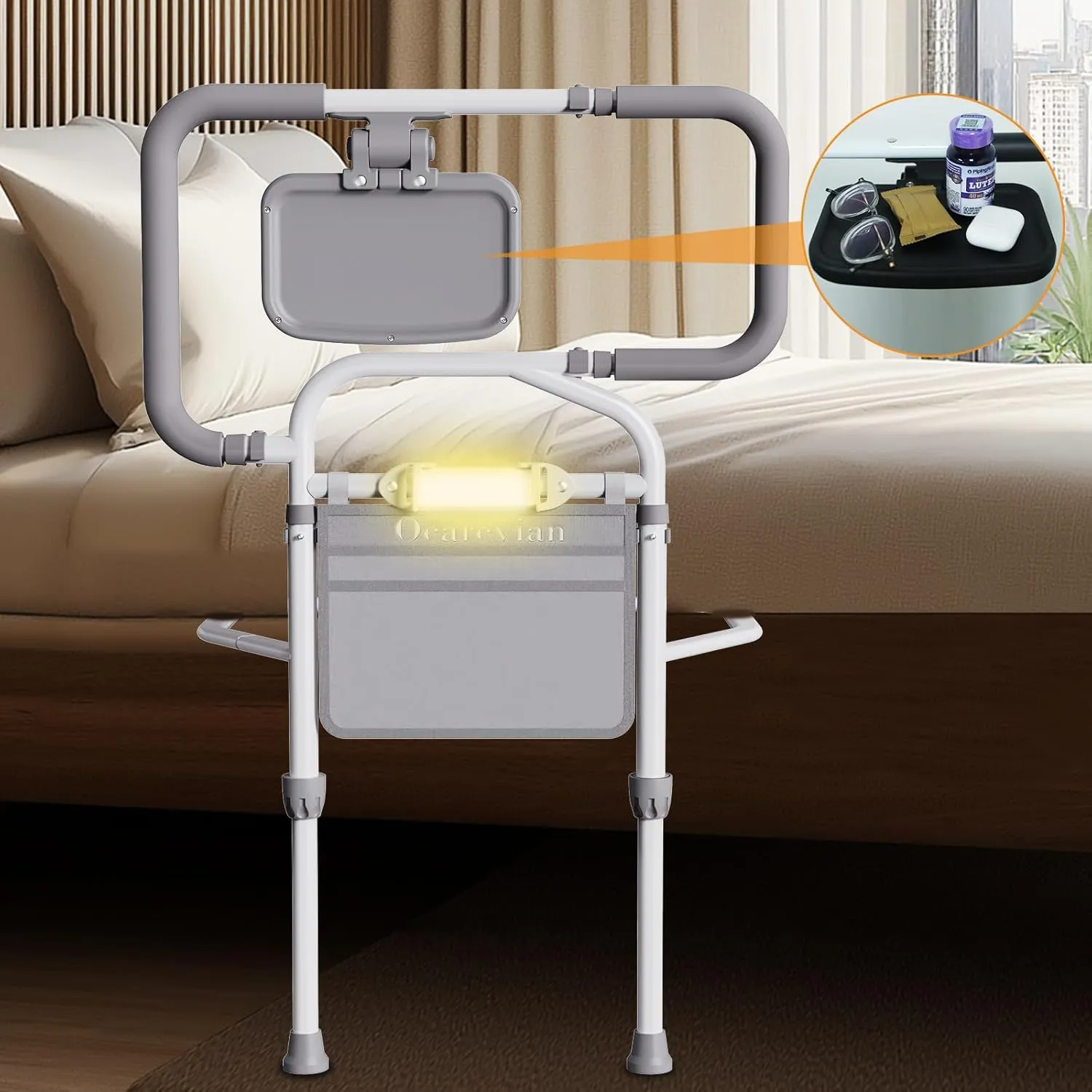 Bed Rails for Elderly Adults Safety, Adjustable Bed Cane for Seniors, Extendable Assist Handle with Side Table, LED Light & Carry Bag, Fits Queen, King, Twin Mattresses (Grey)
