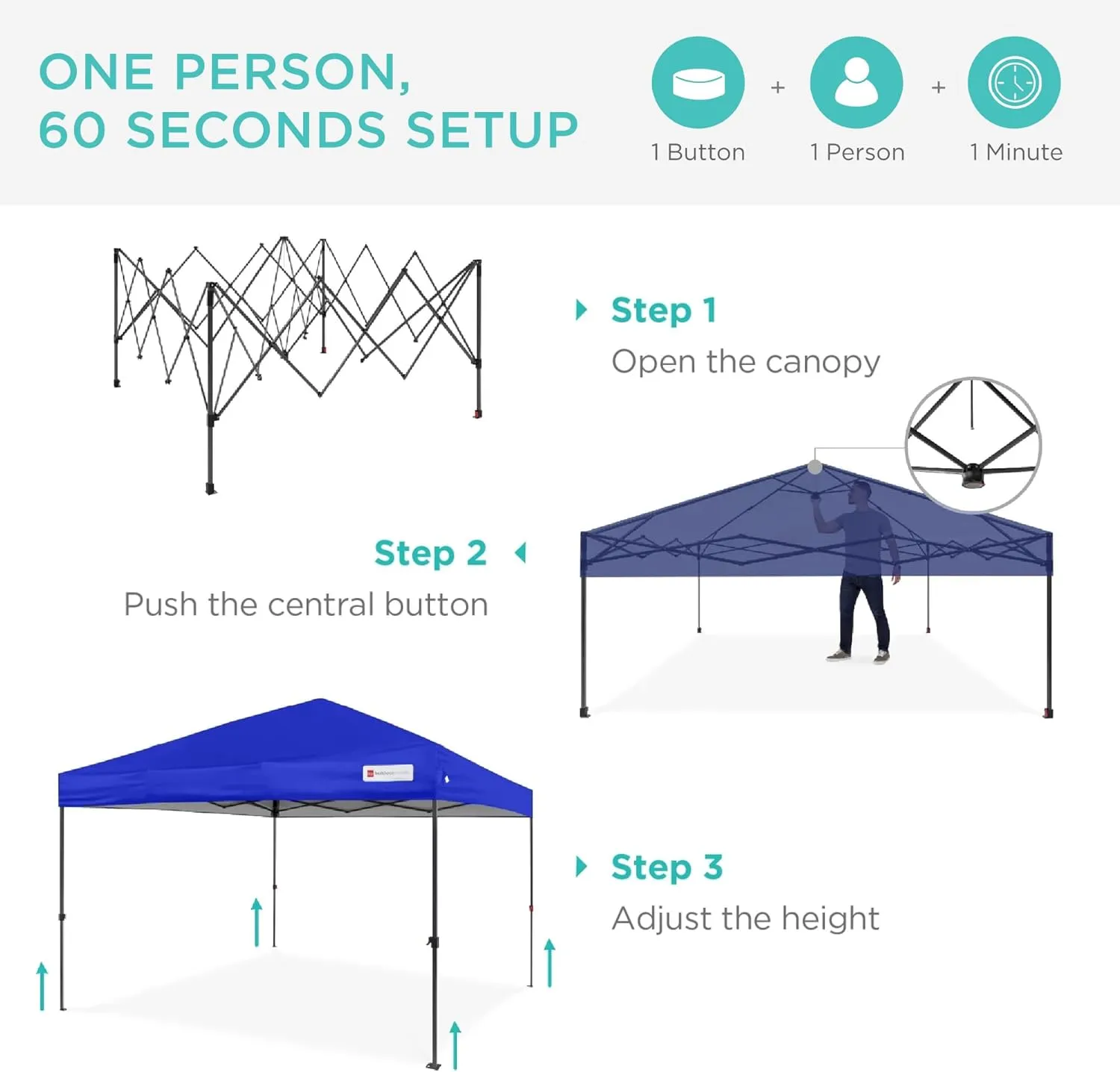 Best Choice Products 10x10ft 1-Person Setup Pop Up Canopy Tent Instant Portable Shelter w/ 1-Button Push, Case, 4 Weight Bags - Resort Blue