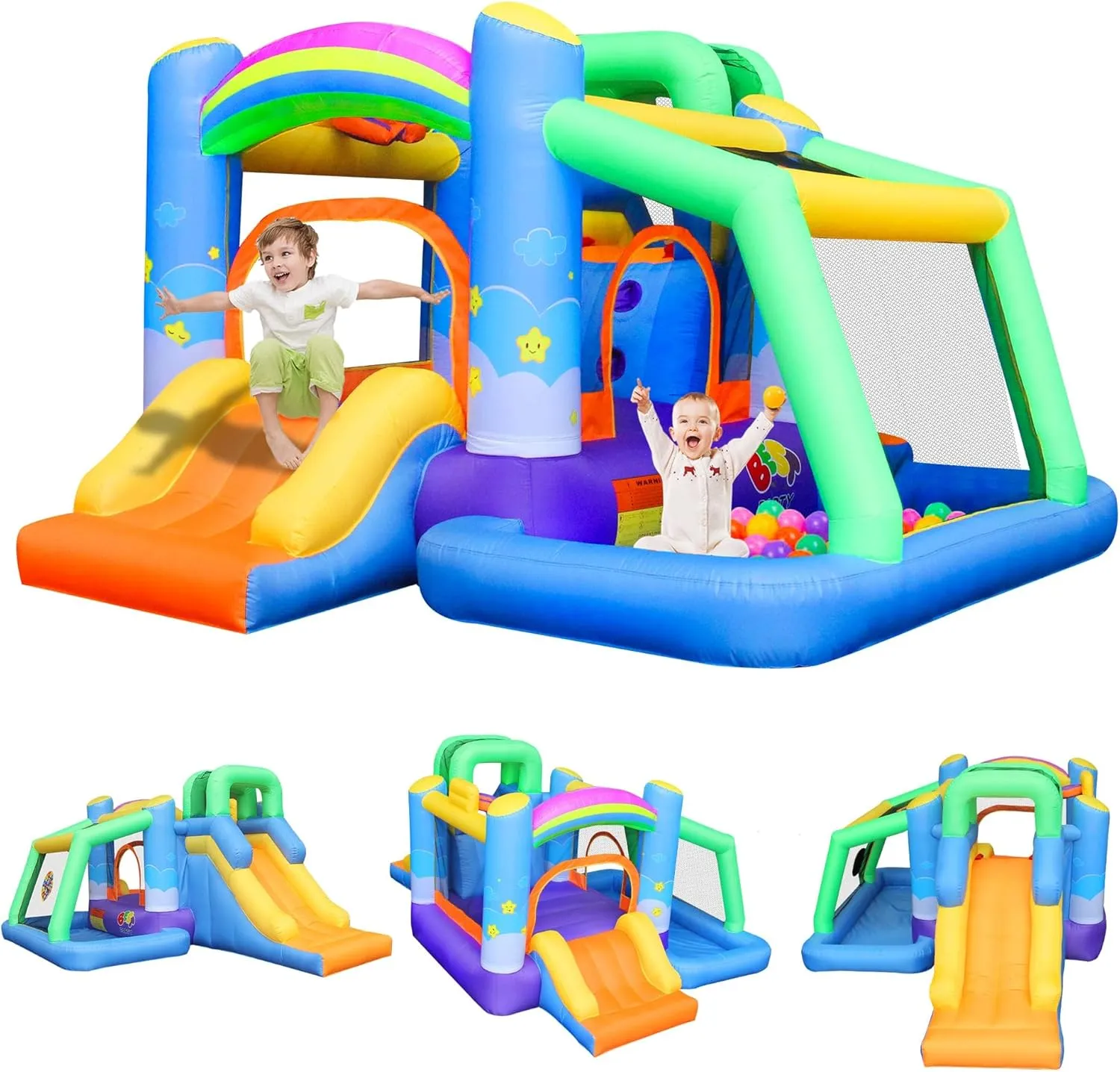 BESTPARTY Bounce House,Inflatable Bounce House with Double Slides,Bouncy Castle with Blower,7 in 1 Bouncy House for Kids Outdoor with Jump Area,Ball Pit,Climbing Wall,Basketball Rim,Dart Games