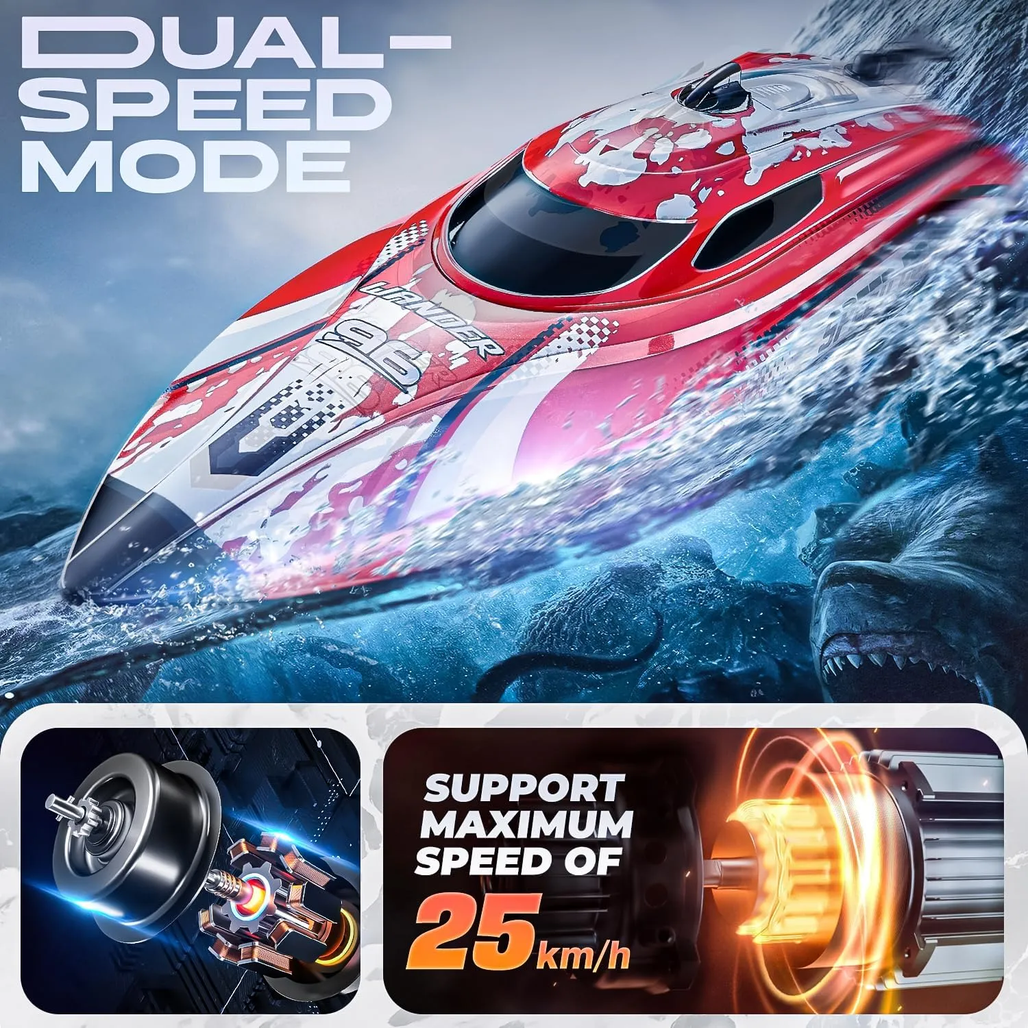 BEZGAR RC Boat for Kids & Adults, Fast RC Speed Boat with 700mAh Battery, Waterproof Toy for Lakes & Pools - TX126 Red