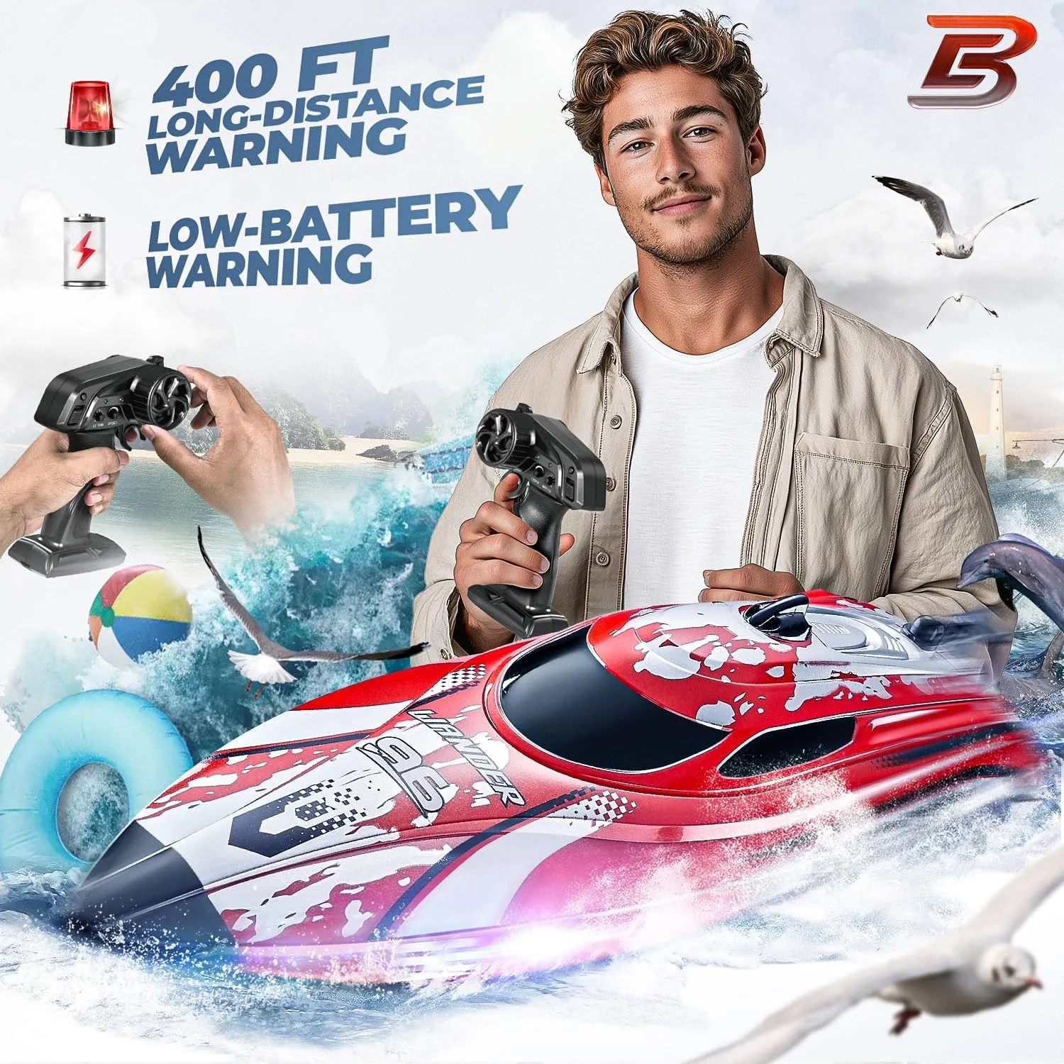 BEZGAR RC Boat for Kids & Adults, Fast RC Speed Boat with 700mAh Battery, Waterproof Toy for Lakes & Pools - TX126 Red
