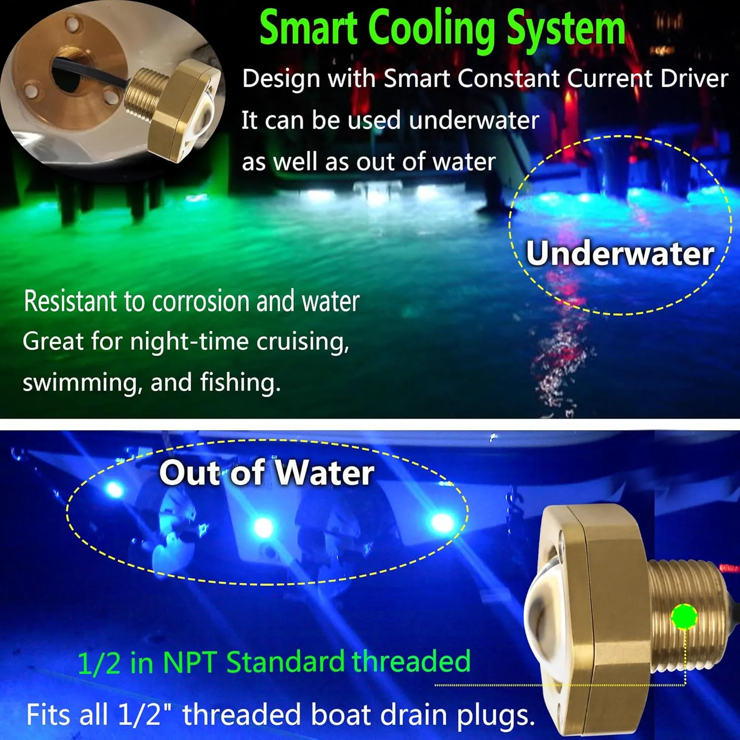 Blue Boat Drain Plug Light,IP68 Underwater Boat Lights with APP Remote Control,Replaces Standard 1/2" NPT Drain Plug for Cruising, Fishing & Fun,Smart Cooling System,No Holes to Drill!