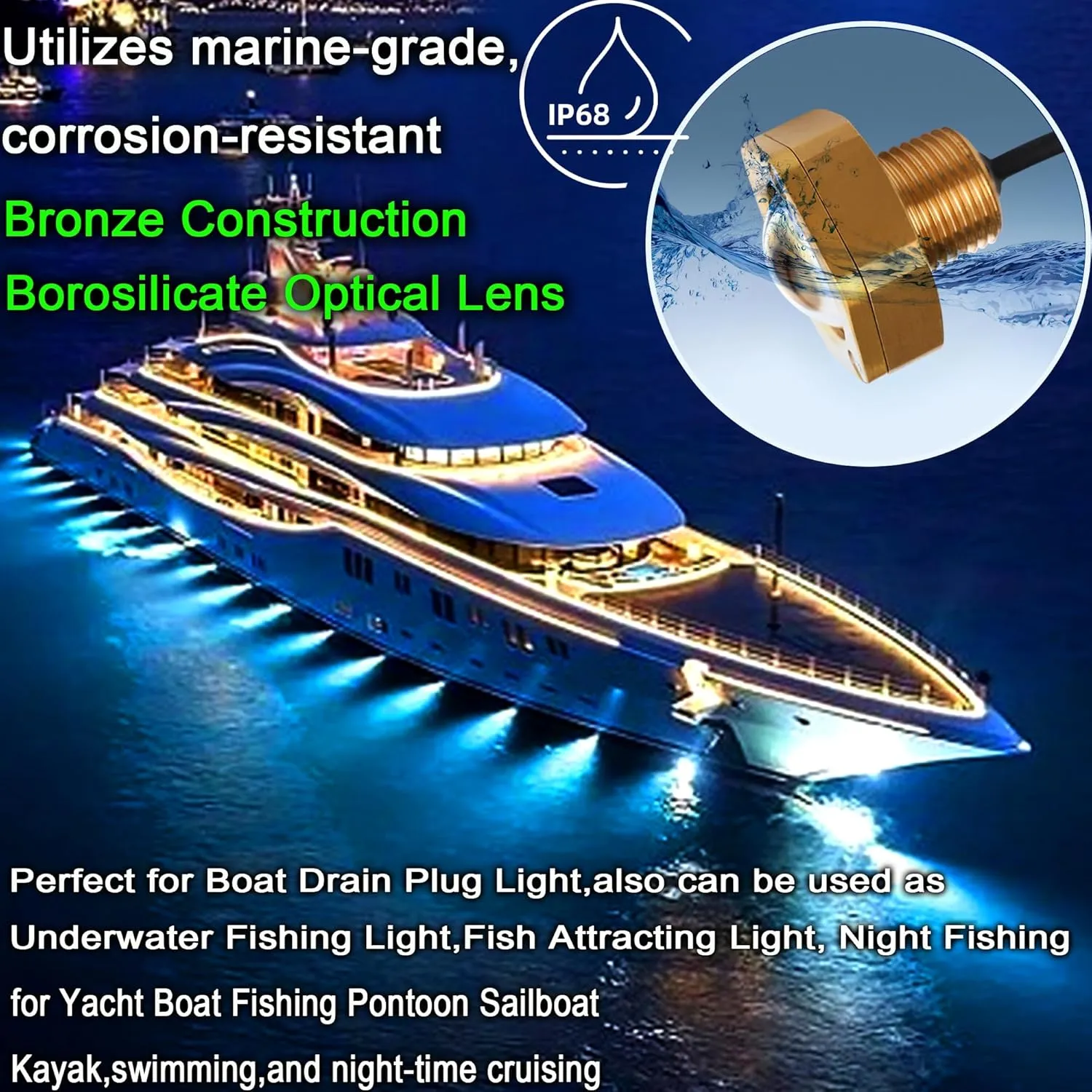 Blue Boat Drain Plug Light,IP68 Underwater Boat Lights with APP Remote Control,Replaces Standard 1/2" NPT Drain Plug for Cruising, Fishing & Fun,Smart Cooling System,No Holes to Drill!