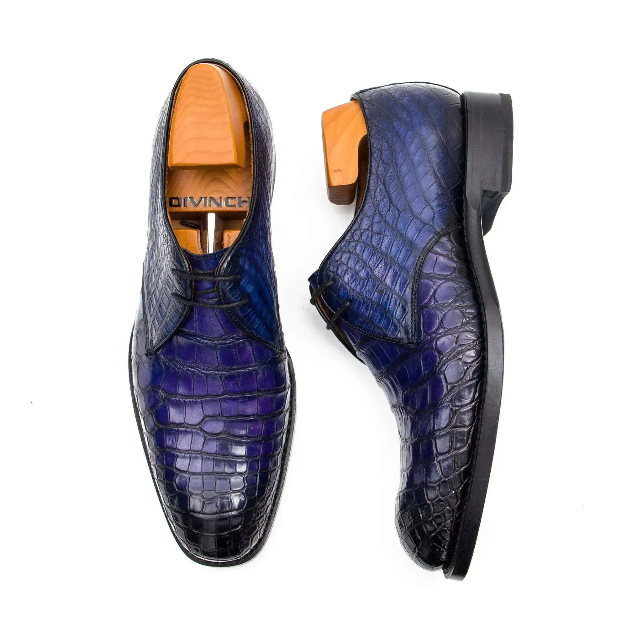 Blue Crocodile Leather Derby Shoes-BLUE
