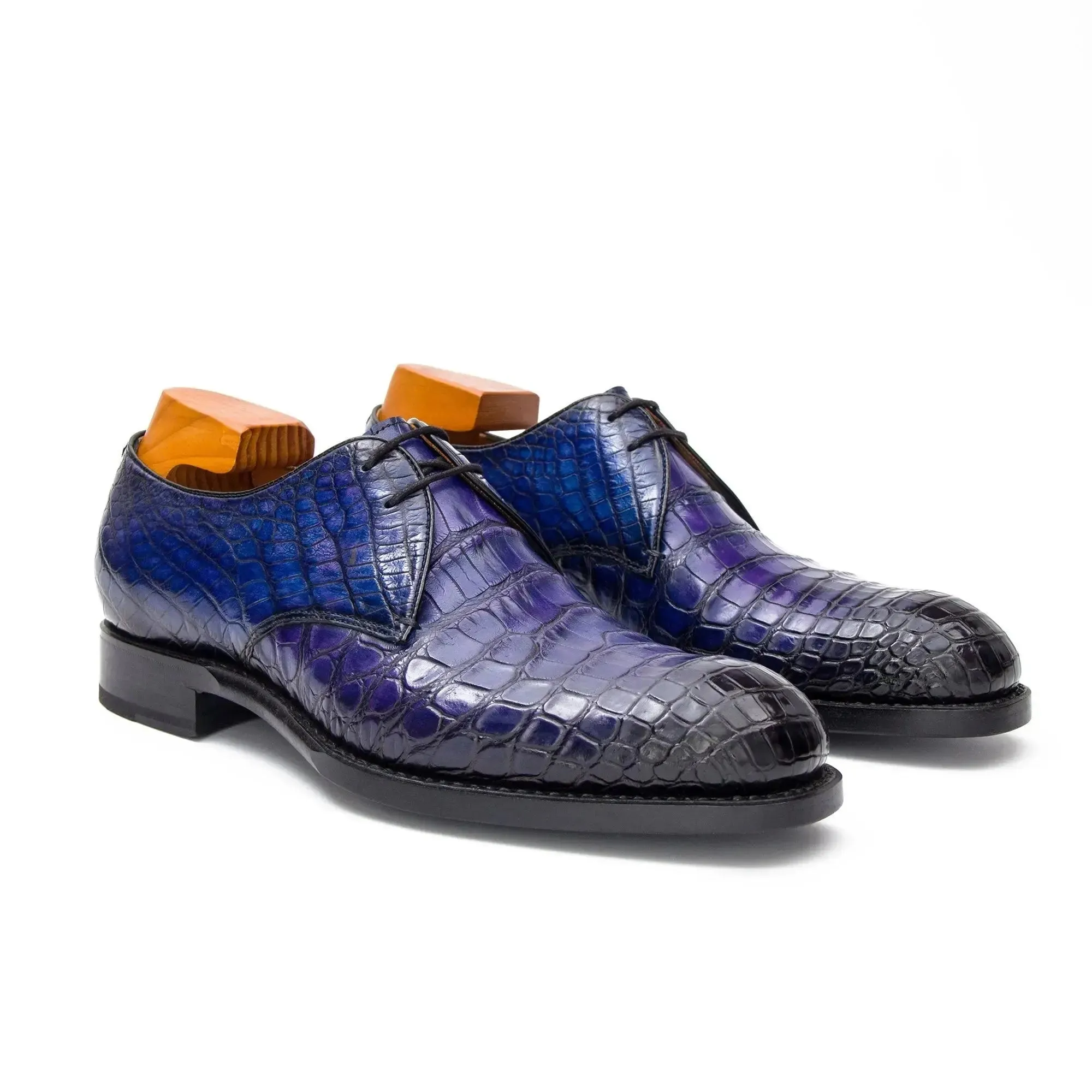 Blue Crocodile Leather Derby Shoes-BLUE