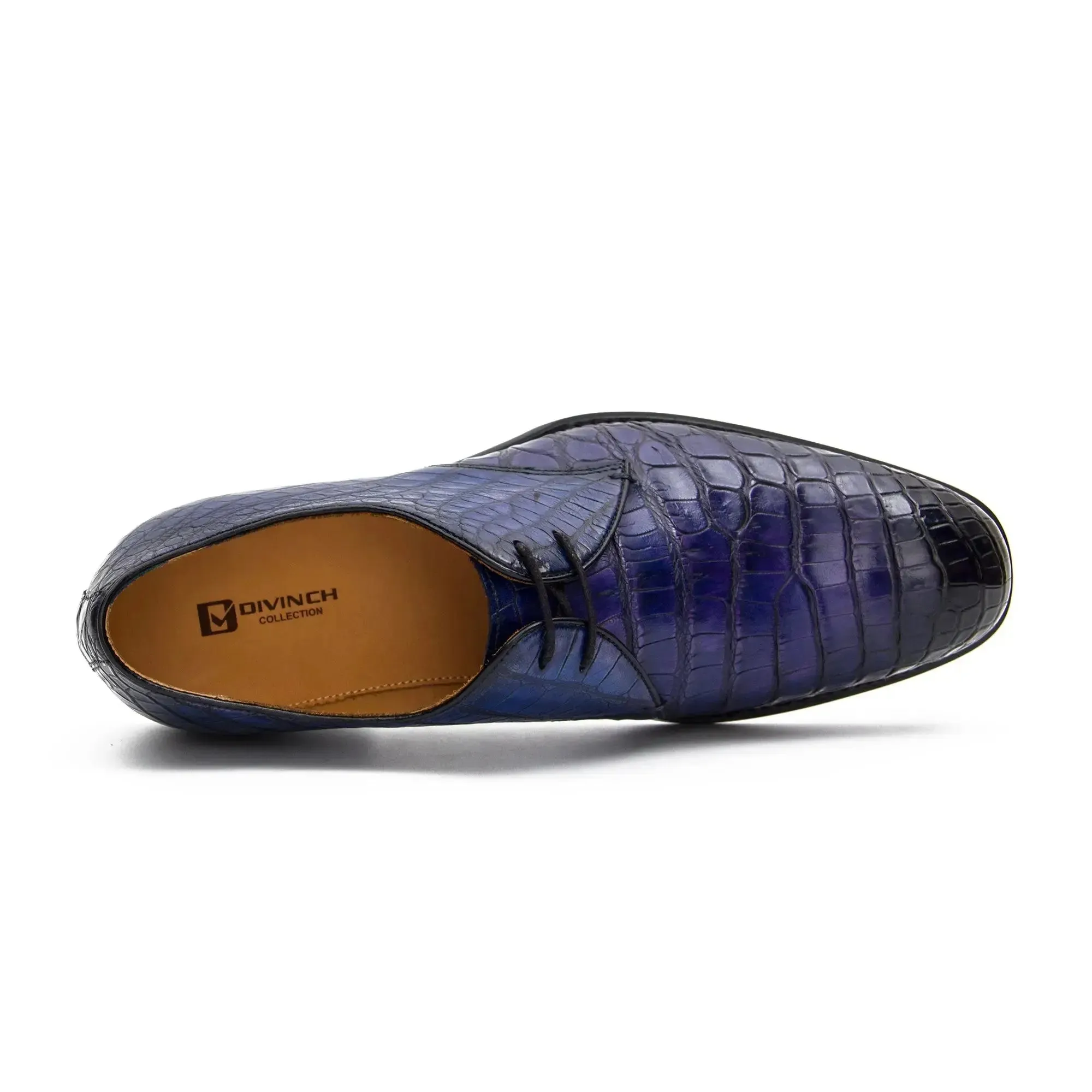 Blue Crocodile Leather Derby Shoes-BLUE