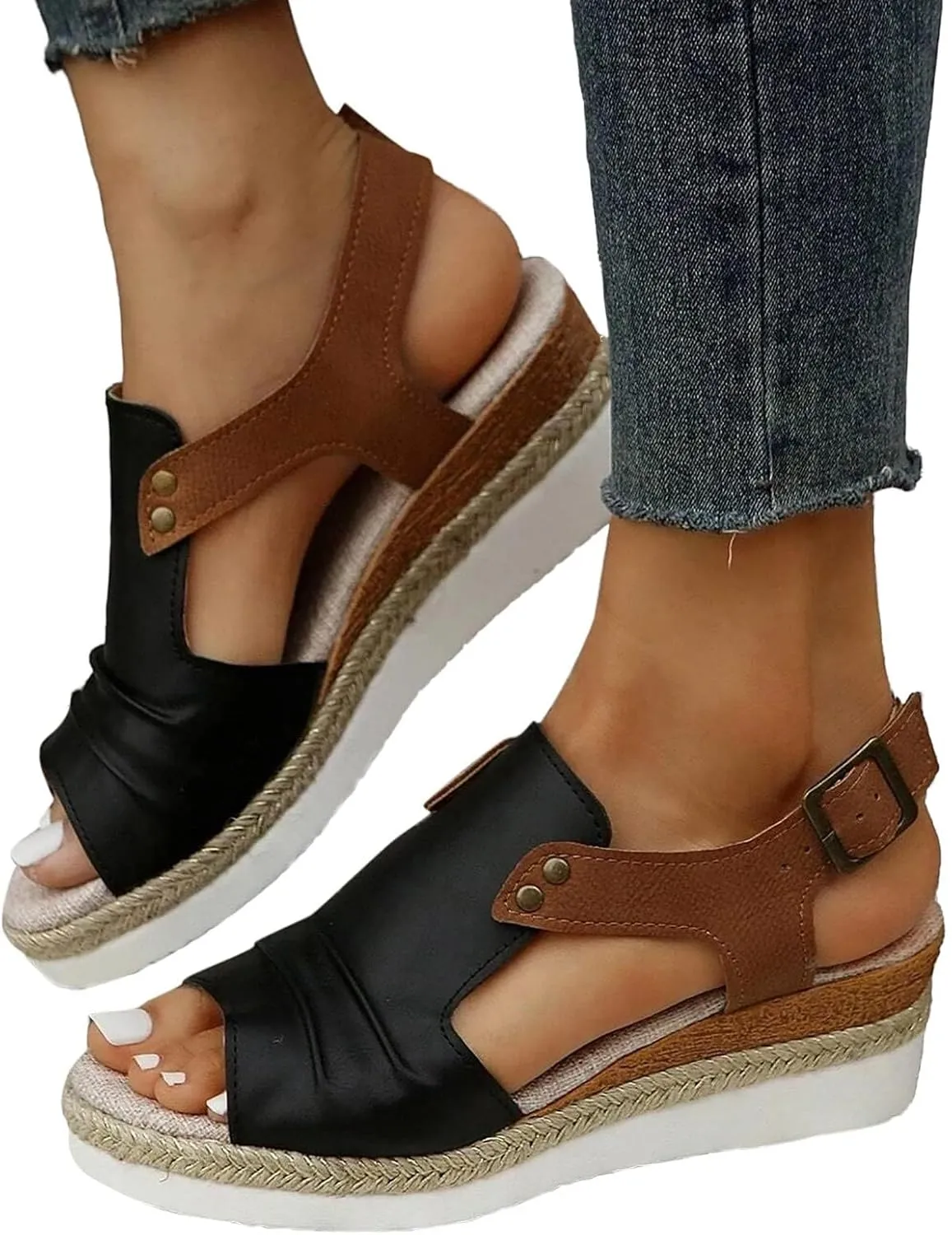 Blue, Navy Black Women's Wedge Sandals, Size 9, Casual, Open Toe, Platform Heel, Ankle Strap, Suede, Faux Leather Sole, Unisex-Adults, Women's Shoes