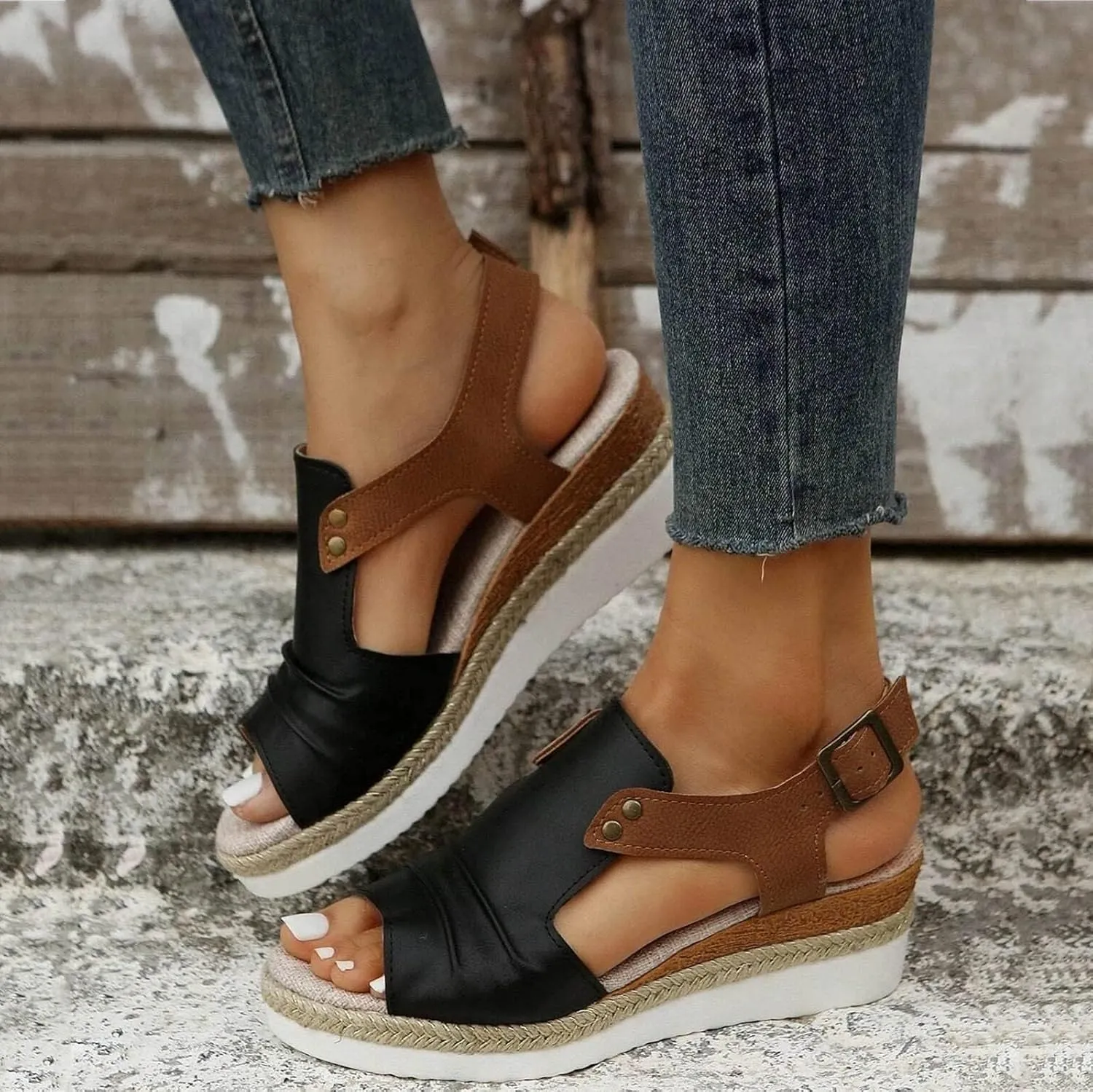 Blue, Navy Black Women's Wedge Sandals, Size 9, Casual, Open Toe, Platform Heel, Ankle Strap, Suede, Faux Leather Sole, Unisex-Adults, Women's Shoes