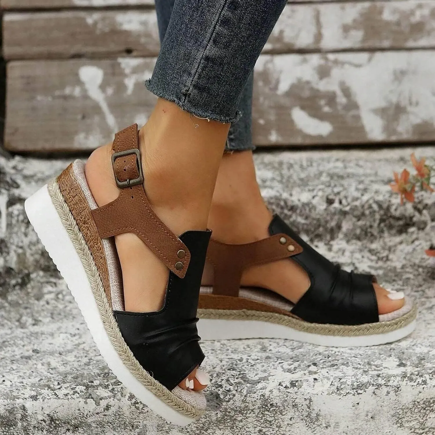 Blue, Navy Black Women's Wedge Sandals, Size 9, Casual, Open Toe, Platform Heel, Ankle Strap, Suede, Faux Leather Sole, Unisex-Adults, Women's Shoes