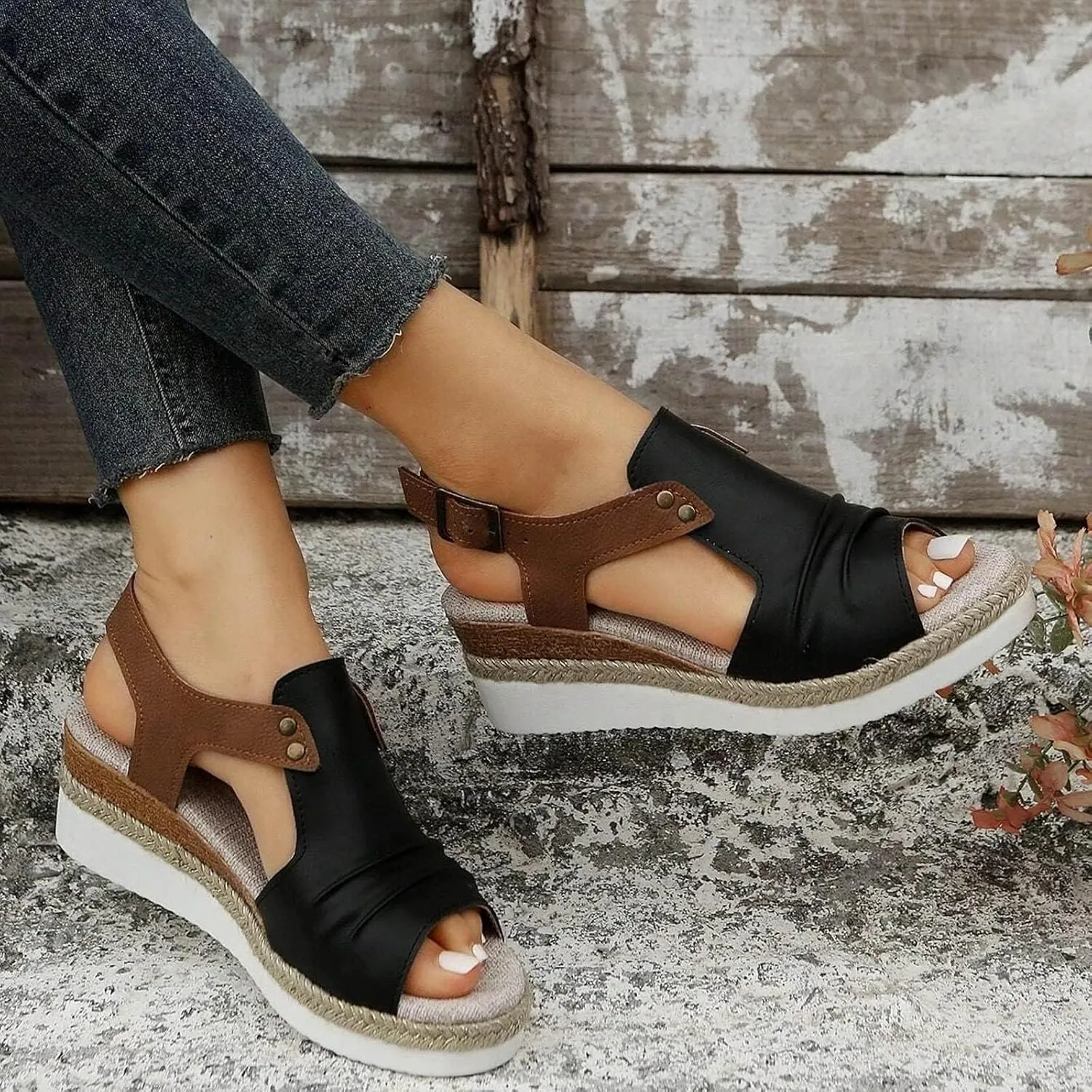 Blue, Navy Black Women's Wedge Sandals, Size 9, Casual, Open Toe, Platform Heel, Ankle Strap, Suede, Faux Leather Sole, Unisex-Adults, Women's Shoes