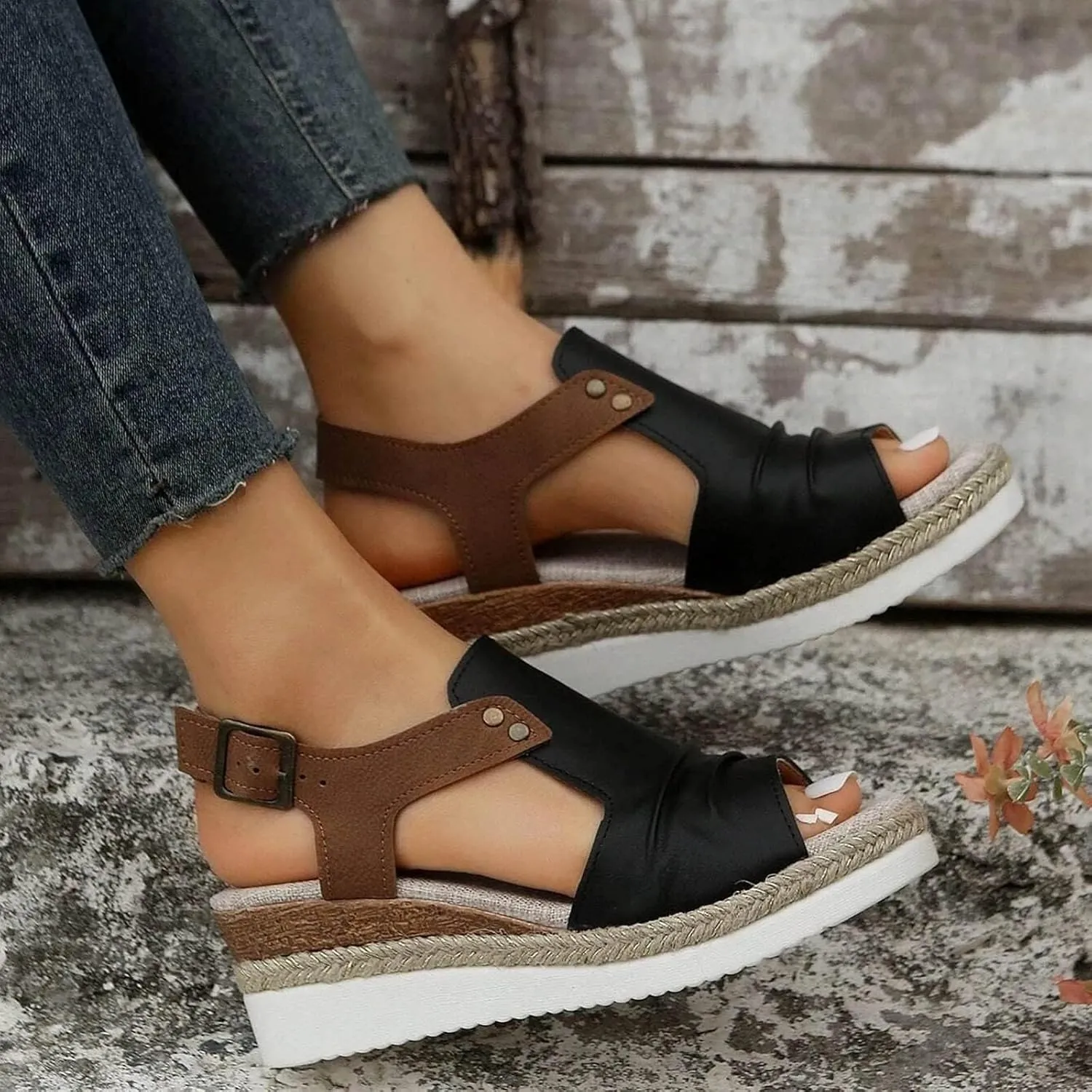 Blue, Navy Black Women's Wedge Sandals, Size 9, Casual, Open Toe, Platform Heel, Ankle Strap, Suede, Faux Leather Sole, Unisex-Adults, Women's Shoes