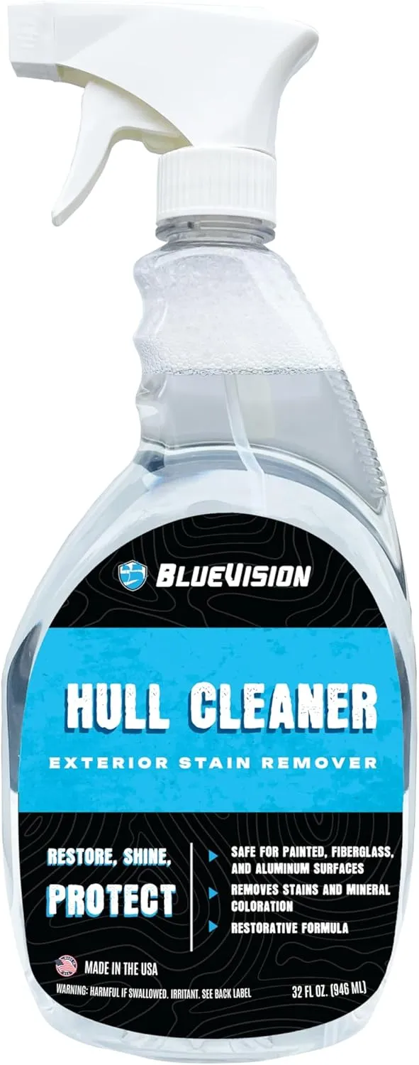 BlueVision Hull Stain Remover and Boat Cleaner - Easily removes Stains, Salt, and Mineral Coloration; Safe on Fiberglass, Plastic, Aluminum, and Painted Surfaces. 32 Oz Spray