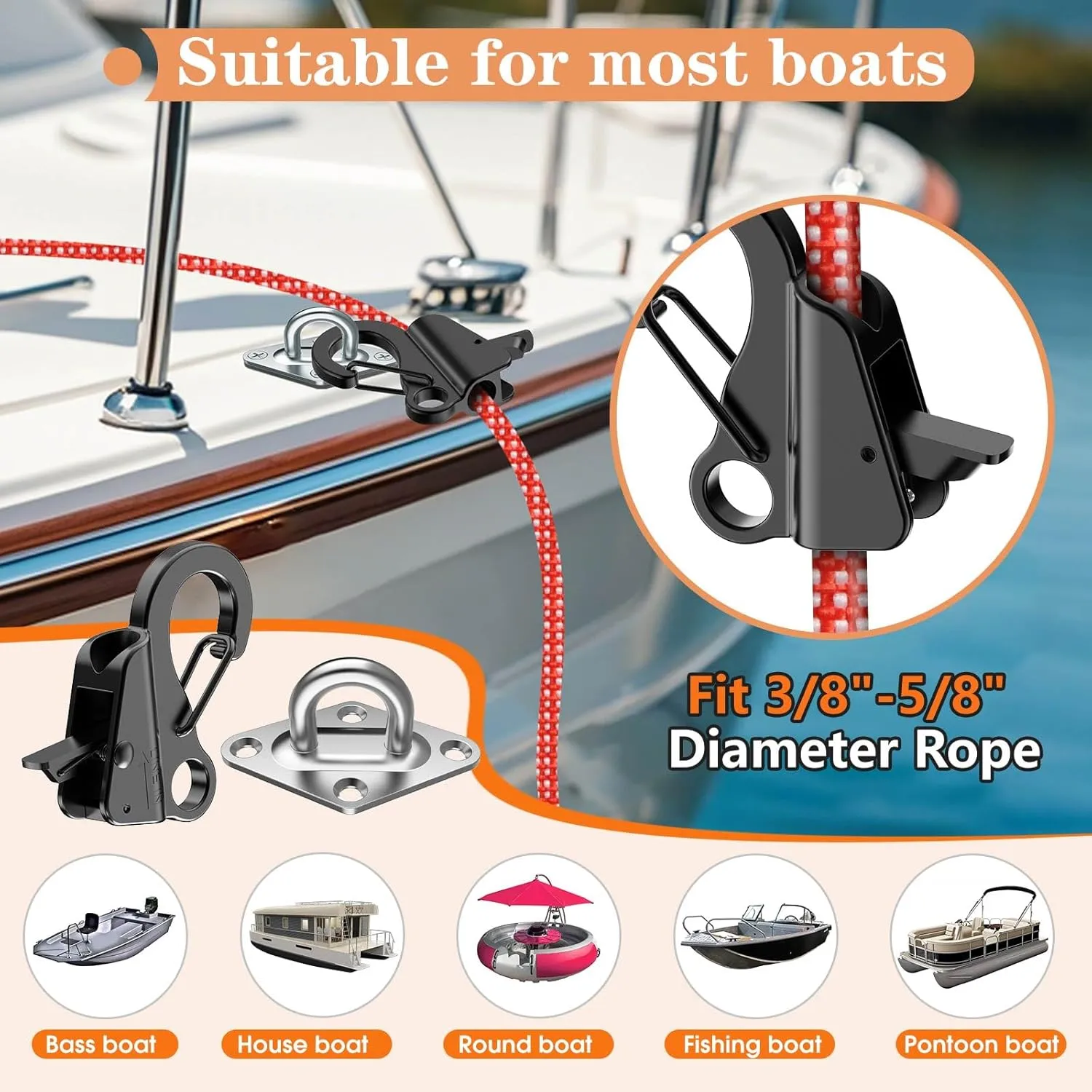 Boat Anchor Hook Marine Hook Loop,Stainless Steel Anchor Hook,Boat Anchor Hook Sliding Hook,Knotless Anchor,Boat Anchor Hook Clip for Speedboats,3/8"-5/8" Rope