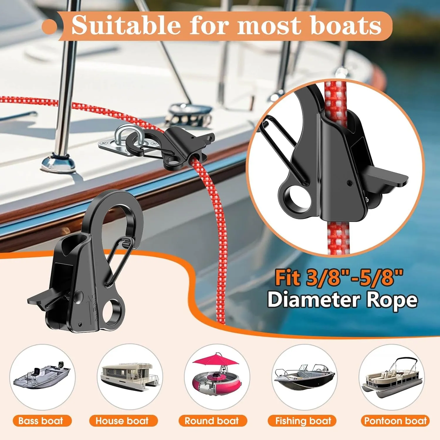 Boat Anchor Hook Marine Hook Loop,Stainless Steel Anchor Hook,Boat Anchor Hook Sliding Hook,Knotless Anchor,Boat Anchor Hook Clip for Speedboats,3/8"-5/8" Rope