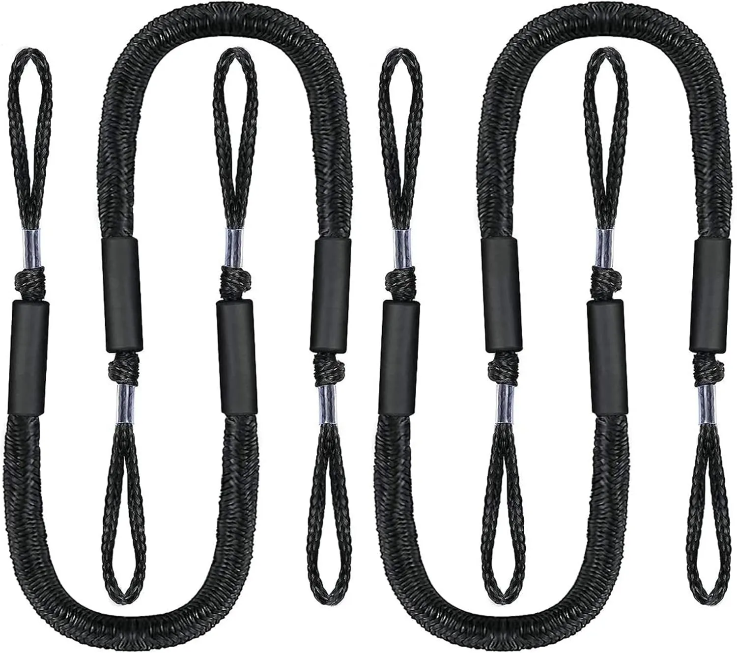Boat Bungee Dock Lines, 4 Feet Stretches to 6 Feet Mooring Rope 4-Pack for Docking, Mooring Line Boat Accessories Docking Ropes PWC Dock Ties for Boats (Black 4 Pack)