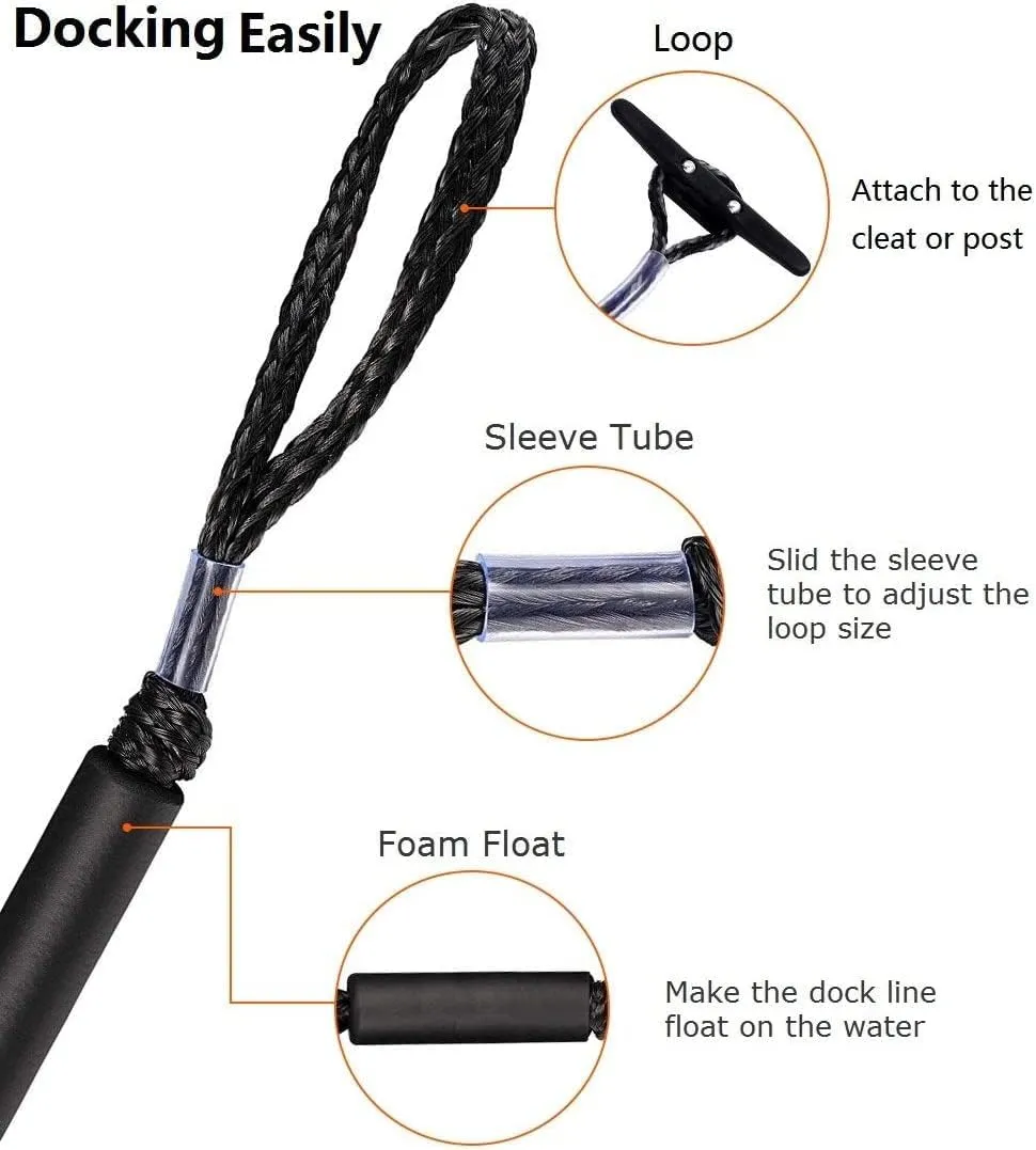 Boat Bungee Dock Lines, 4 Feet Stretches to 6 Feet Mooring Rope 4-Pack for Docking, Mooring Line Boat Accessories Docking Ropes PWC Dock Ties for Boats (Black 4 Pack)