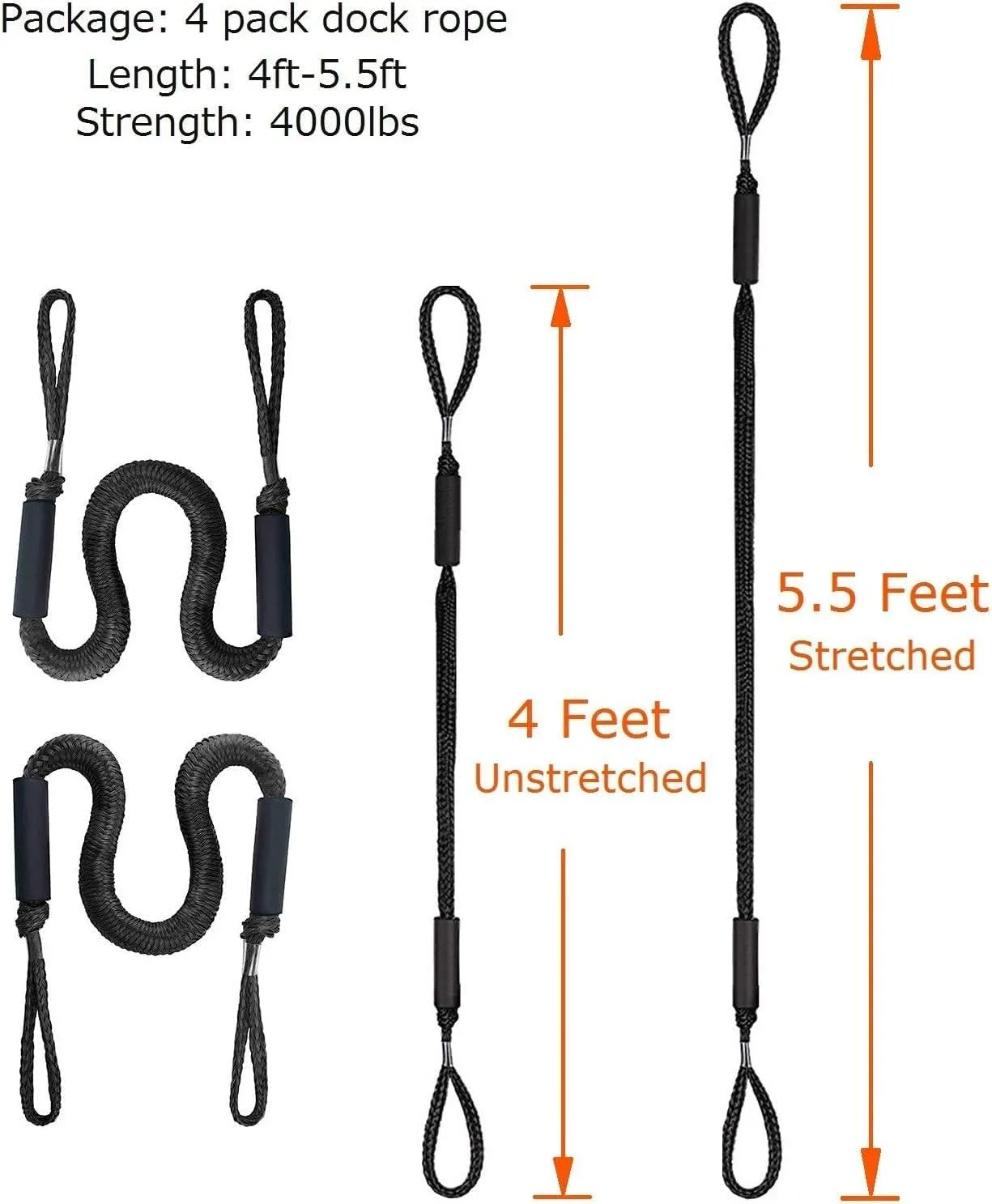 Boat Bungee Dock Lines, 4 Feet Stretches to 6 Feet Mooring Rope 4-Pack for Docking, Mooring Line Boat Accessories Docking Ropes PWC Dock Ties for Boats (Black 4 Pack)