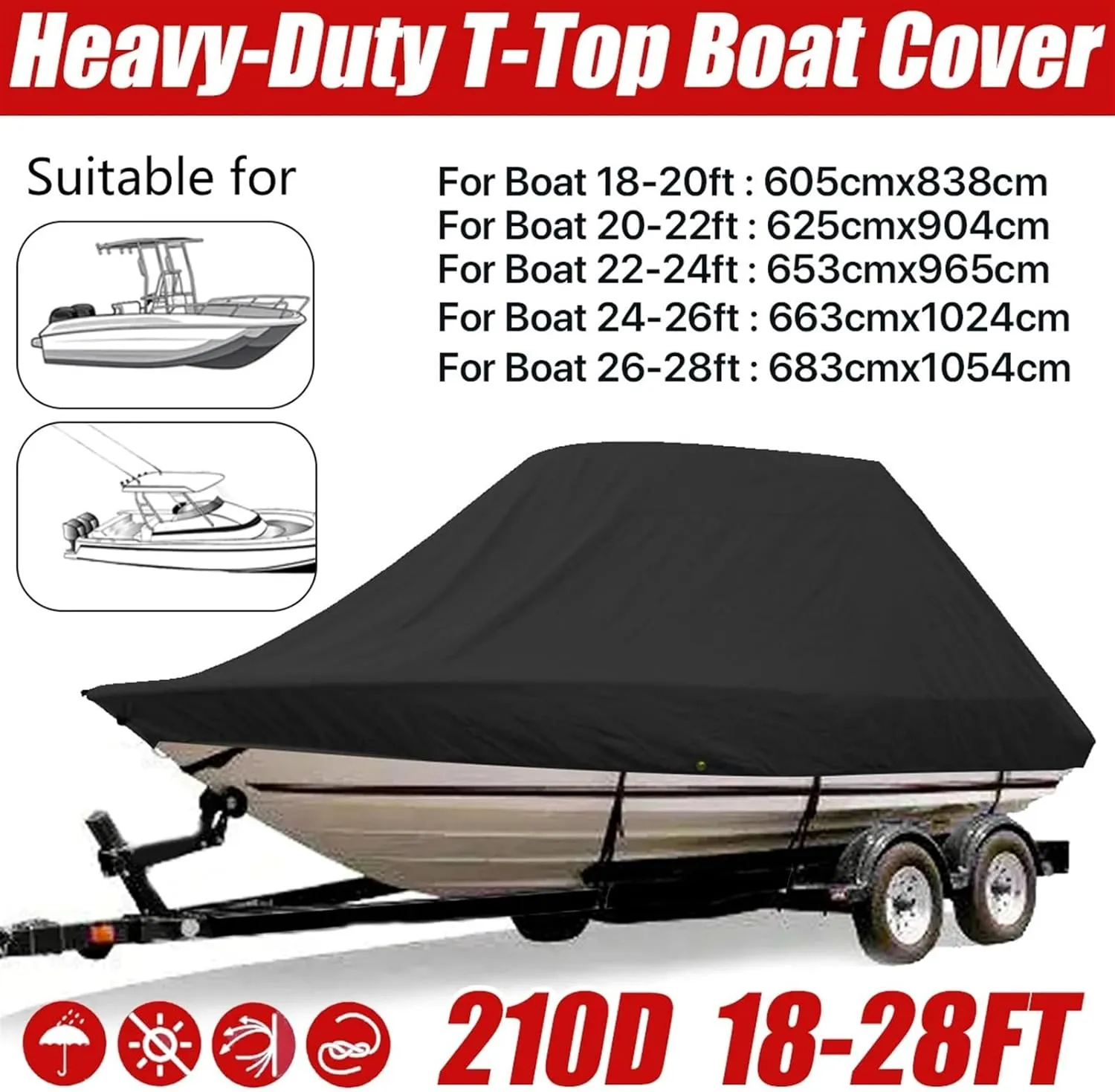 Boat Cover 18 28ft 210D Jumbo Cruiser Boat Cover Heavy Duty Marine Water Sun Proof UV Protection Fish Ski VHull Mooring Cover Heavy Duty Boat Cover(24 26FT)
