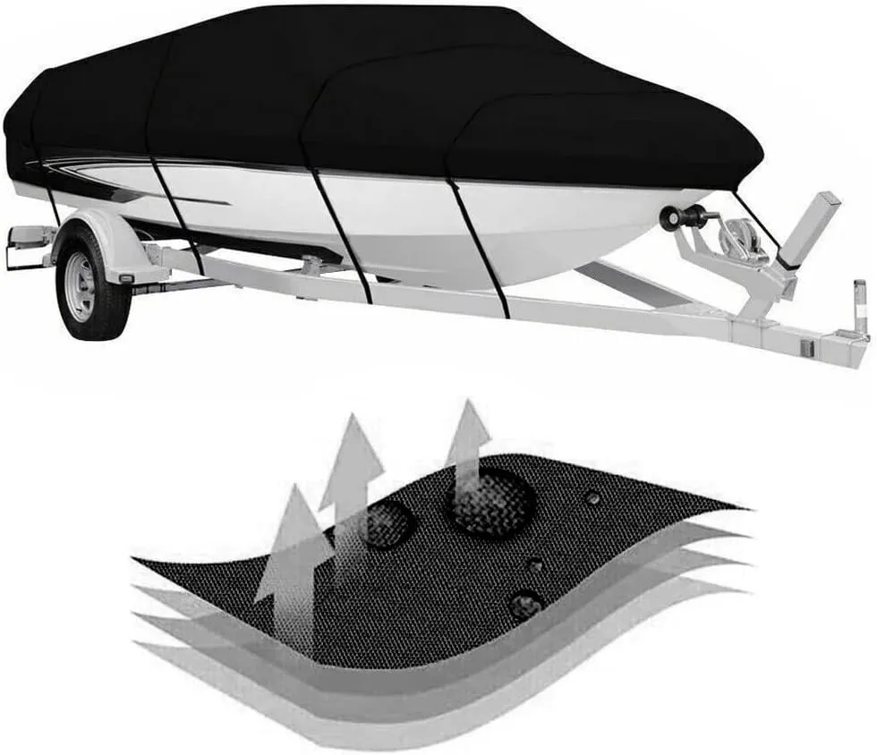 Boat Cover, Heavy Duty Waterproof Trailerable Boat Cover, UV Resistant Outboard Cover,for V-Hulls,Fishing & Skiing,Pro,Fishing Boats,Runabout,Bass Boats (Black, 17-19ft)