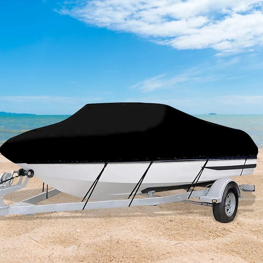 Boat Cover, Heavy Duty Waterproof Trailerable Boat Cover, UV Resistant Outboard Cover,for V-Hulls,Fishing & Skiing,Pro,Fishing Boats,Runabout,Bass Boats (Black, 17-19ft)