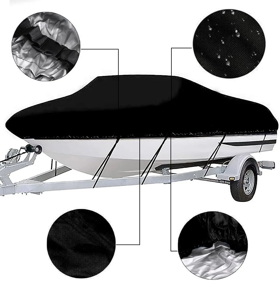 Boat Cover, Heavy Duty Waterproof Trailerable Boat Cover, UV Resistant Outboard Cover,for V-Hulls,Fishing & Skiing,Pro,Fishing Boats,Runabout,Bass Boats (Black, 17-19ft)