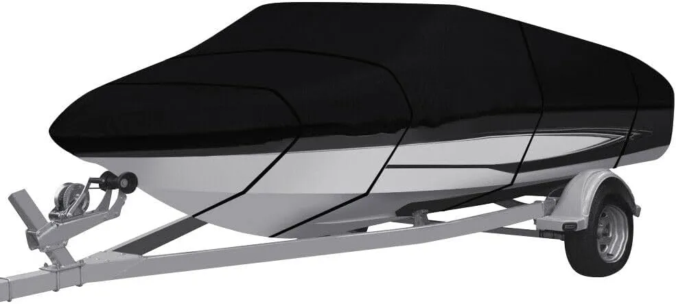 Boat Cover, Heavy Duty Waterproof Trailerable Boat Cover, UV Resistant Outboard Cover,for V-Hulls,Fishing & Skiing,Pro,Fishing Boats,Runabout,Bass Boats (Black, 17-19ft)