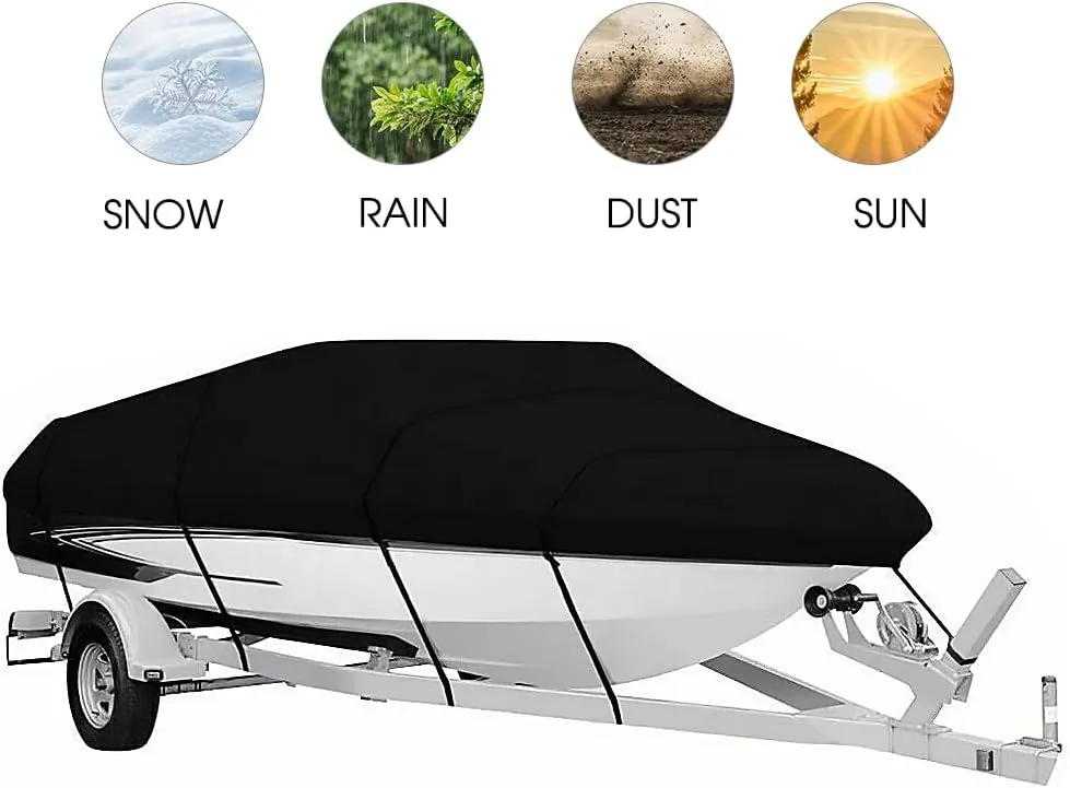 Boat Cover, Heavy Duty Waterproof Trailerable Boat Cover, UV Resistant Outboard Cover,for V-Hulls,Fishing & Skiing,Pro,Fishing Boats,Runabout,Bass Boats (Black, 17-19ft)