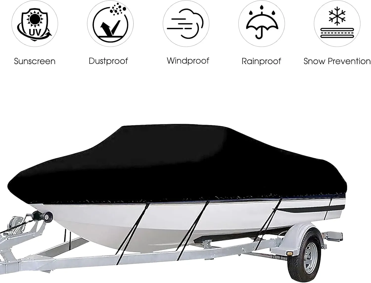 Boat Cover, Heavy Duty Waterproof Trailerable Boat Cover, UV Resistant Outboard Cover,for V-Hulls,Fishing & Skiing,Pro,Fishing Boats,Runabout,Bass Boats (Black, 17-19ft)