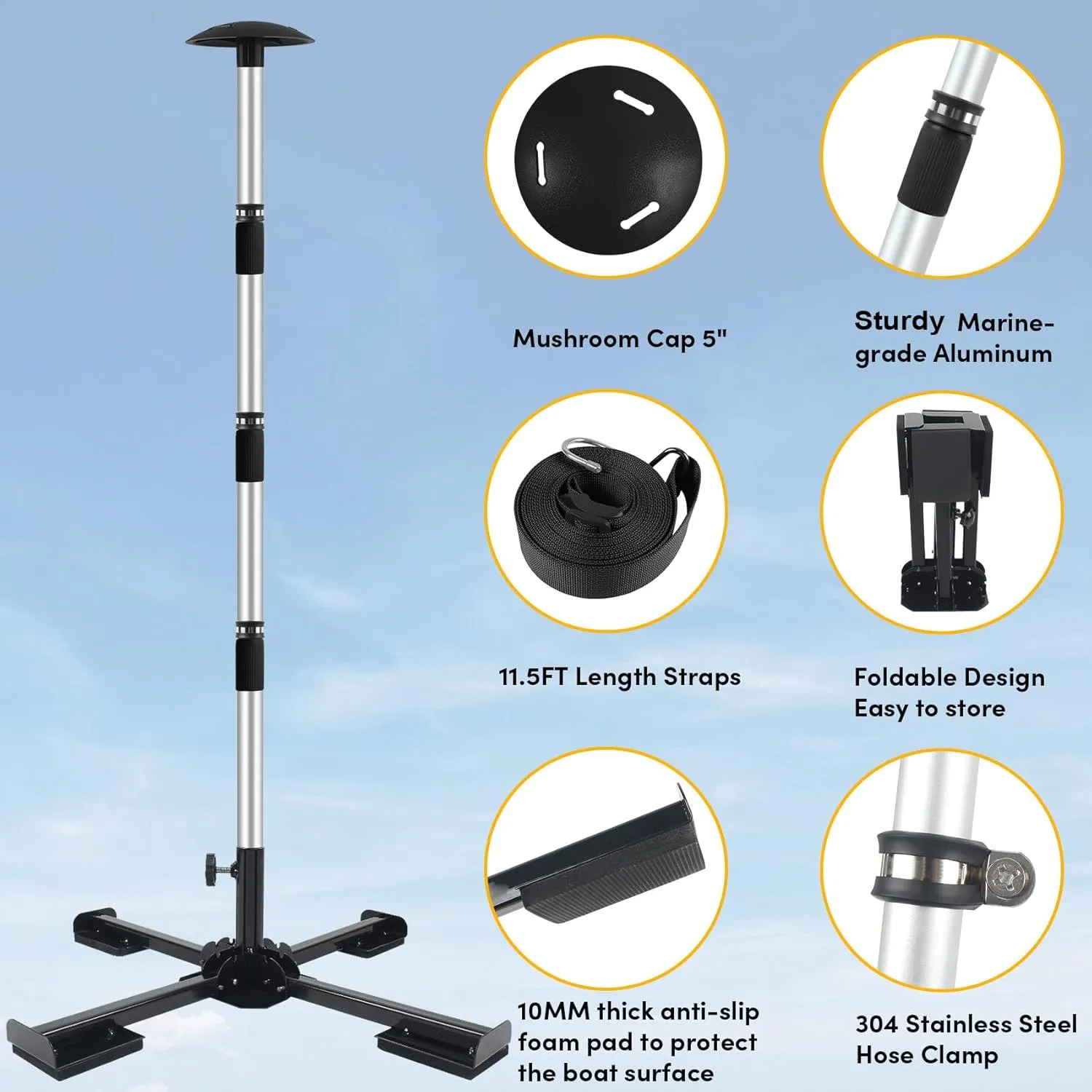 Boat Cover Support Poles Heavy Duty 2 Pack,21” to 58” Aluminum Pontoon Telescoping Boat Cover Support System with Metal Cross Base and Adjustable Strap - Black
