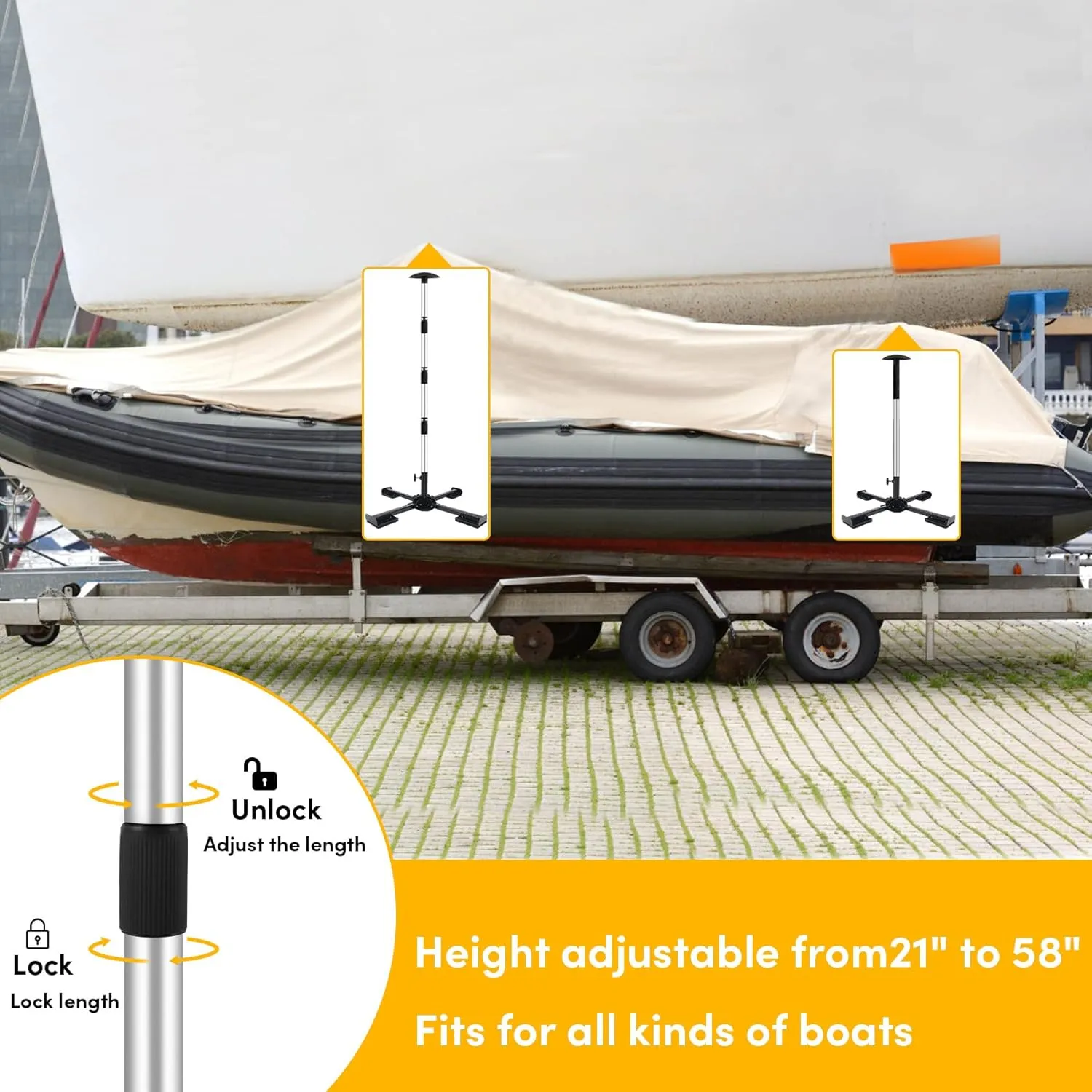 Boat Cover Support Poles Heavy Duty 2 Pack,21” to 58” Aluminum Pontoon Telescoping Boat Cover Support System with Metal Cross Base and Adjustable Strap - Black