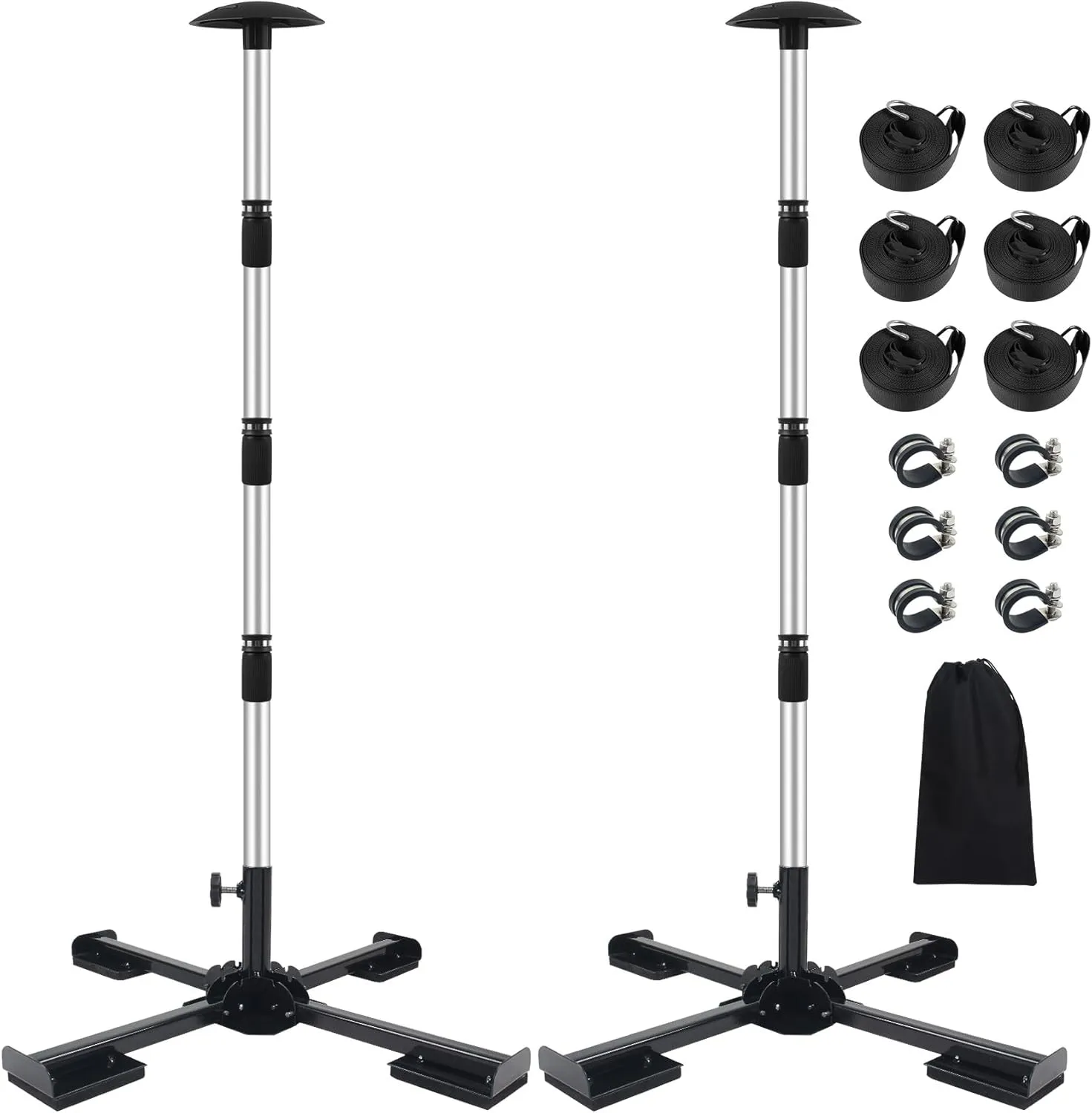 Boat Cover Support Poles Heavy Duty 2 Pack,21” to 58” Aluminum Pontoon Telescoping Boat Cover Support System with Metal Cross Base and Adjustable Strap - Black